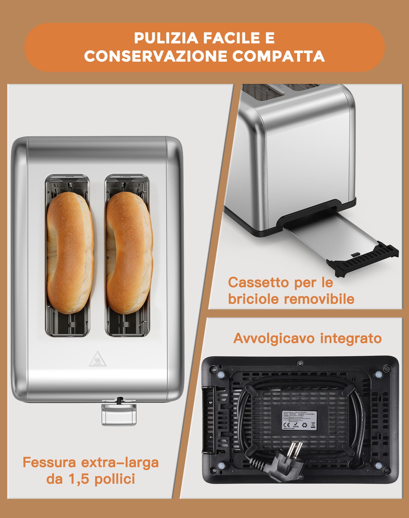 Tostapane 2 Fette, Tostapane per Toast Farciti 880W, LED Touchscreen, 6 Livelli di Tostatura, 6 Programmi per il Pane, Funzioni Riscaldamento/Scongelamento/Stop, Acciaio Inox ﻿ (Argento-01)