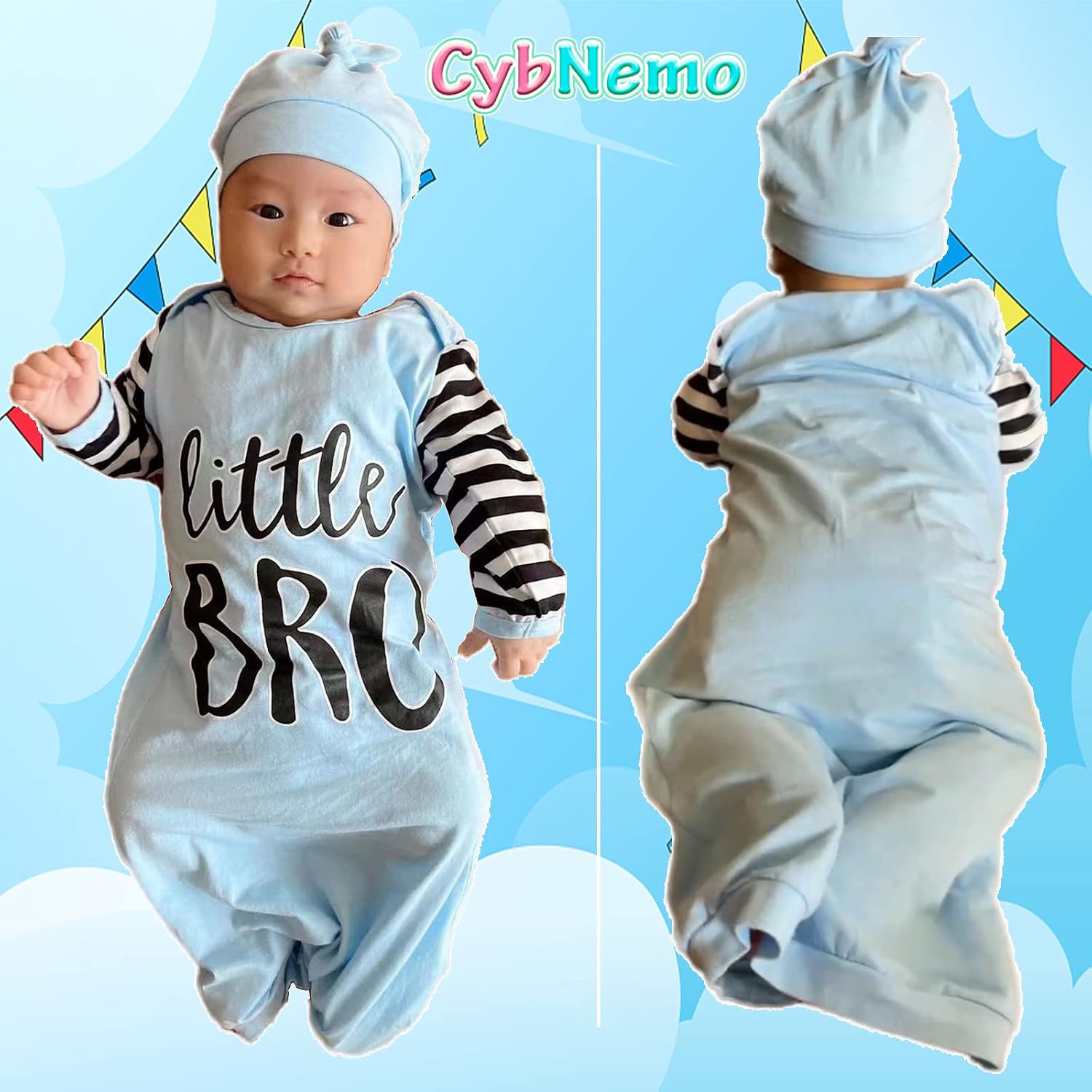 Newborn Baby Boy Sleeper Gift Set Little Bro Nightgown Stripe Long Sleeve Infant Sleepwear Outfit