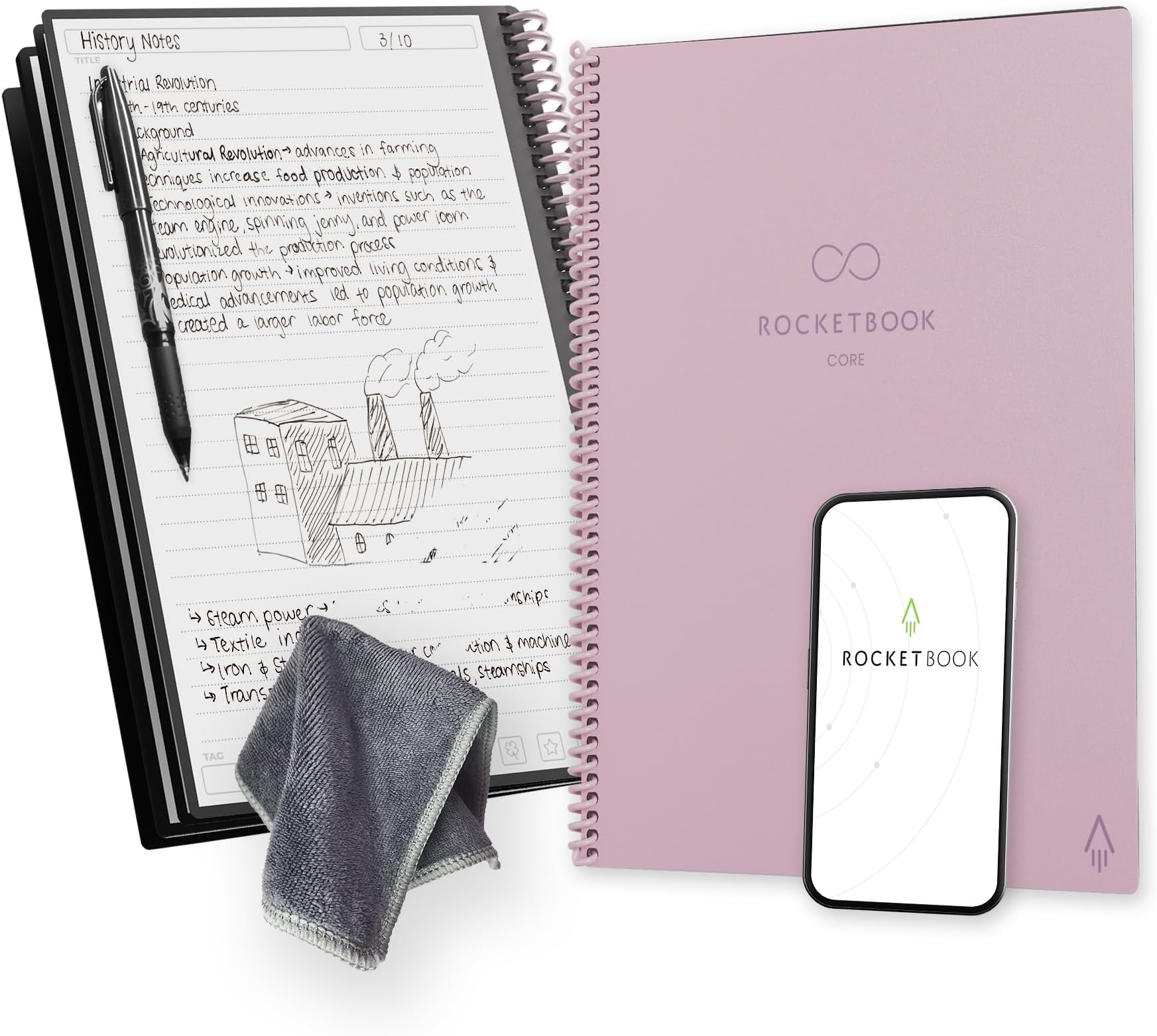 RocketbookSmart Reusable Notebook - Lined Eco-Friendly Notebook with 1 Pilot Frixion Pen & 1 Microfiber Cloth Included - Pink Cover, Letter Size (8.5" x 11")