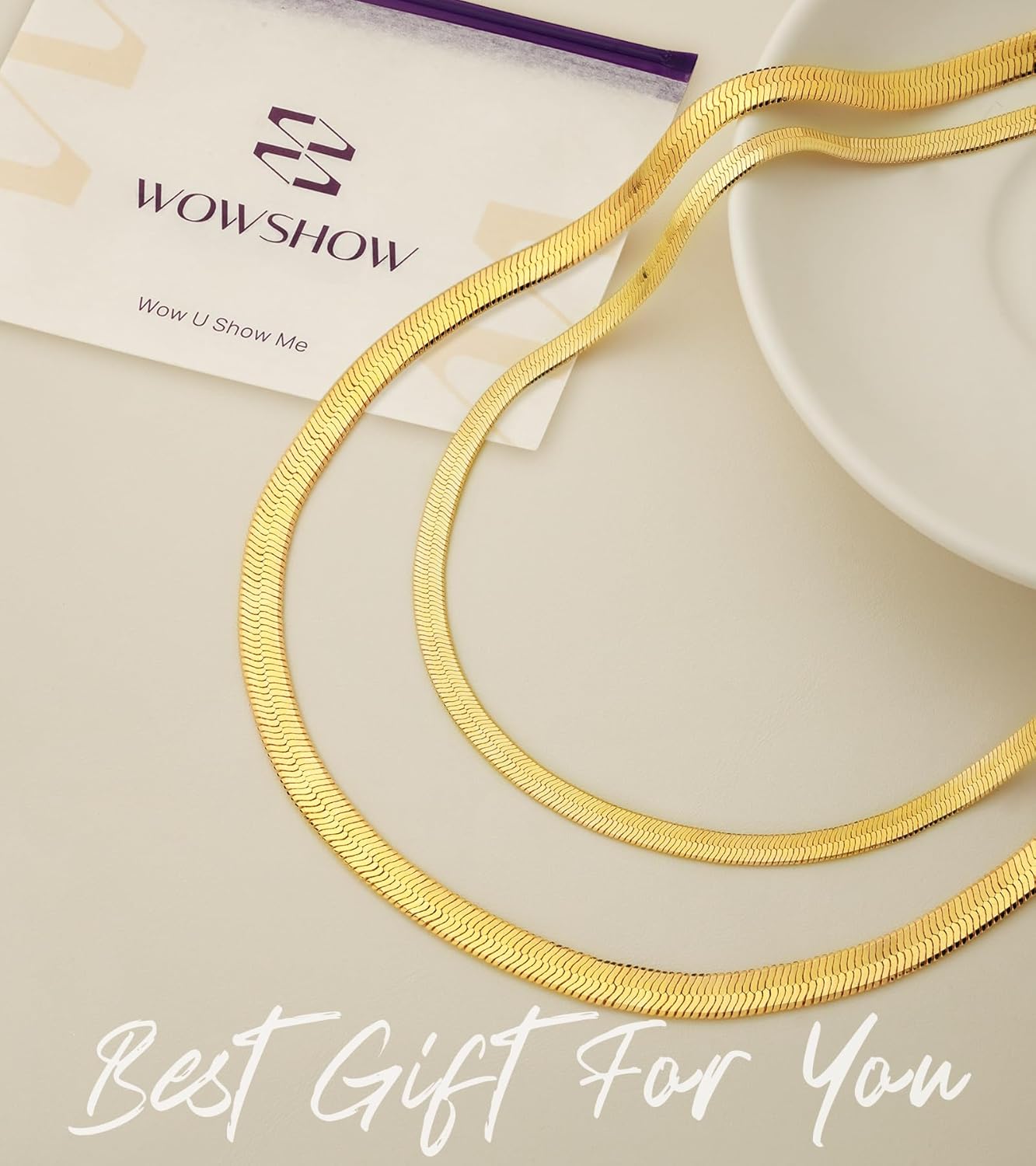 Wowshow 14K Gold Plated Italian Snake Chain Necklace Flat Herringbone Choker Dainty Necklace Bracelet Set for Women 16-18-20 Inch - Image 5