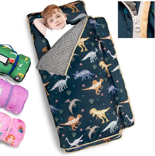 Primlect Toddler Nap Mat with Pillow, Thickened Extra Large Sleeping Bag | 55''x35'' Sleeping Mat with Detachable Blanket, Washable, Roll up, Perfect for Daycare, Preschool, Kindergarten, Dinosaur