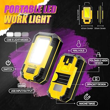 WARSUN 3 PC Led Work Lights Rechargeable Magnetic Mechanic Light Portable Worklight for Camping Car Repairing 30w 1200 High Lumens Bright, Yellow Stocking Stuffers Mens/Dad Gifts