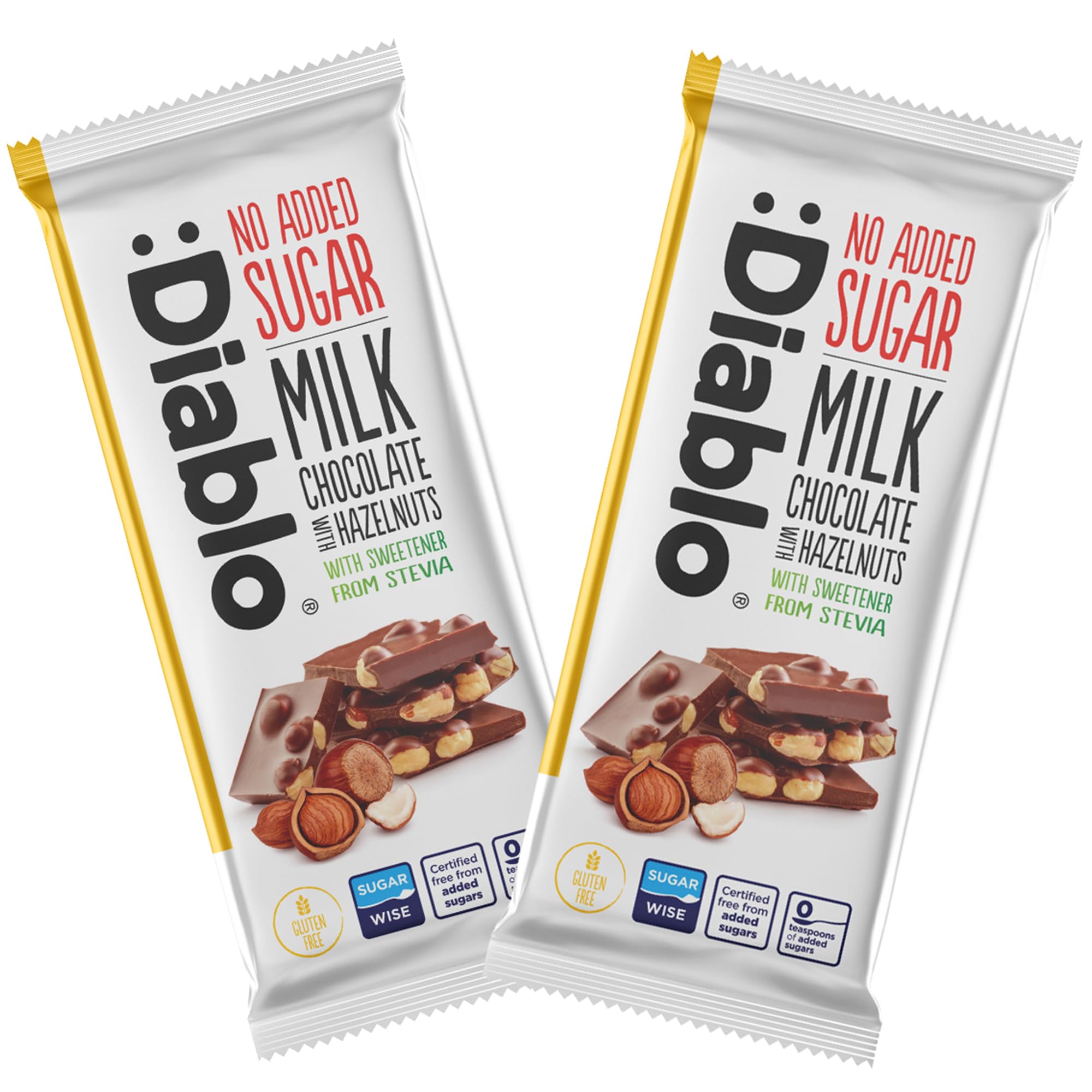 Diablo No Added Sugar Milk Chocolate with Hazelnuts – No Added Sugar Chocolate Bar, Sweetened with Stevia, Gluten Free, Ideal for Any Occasion, Birthdays, Valentines, or Gift Hampers, 75g (Pack of 2)