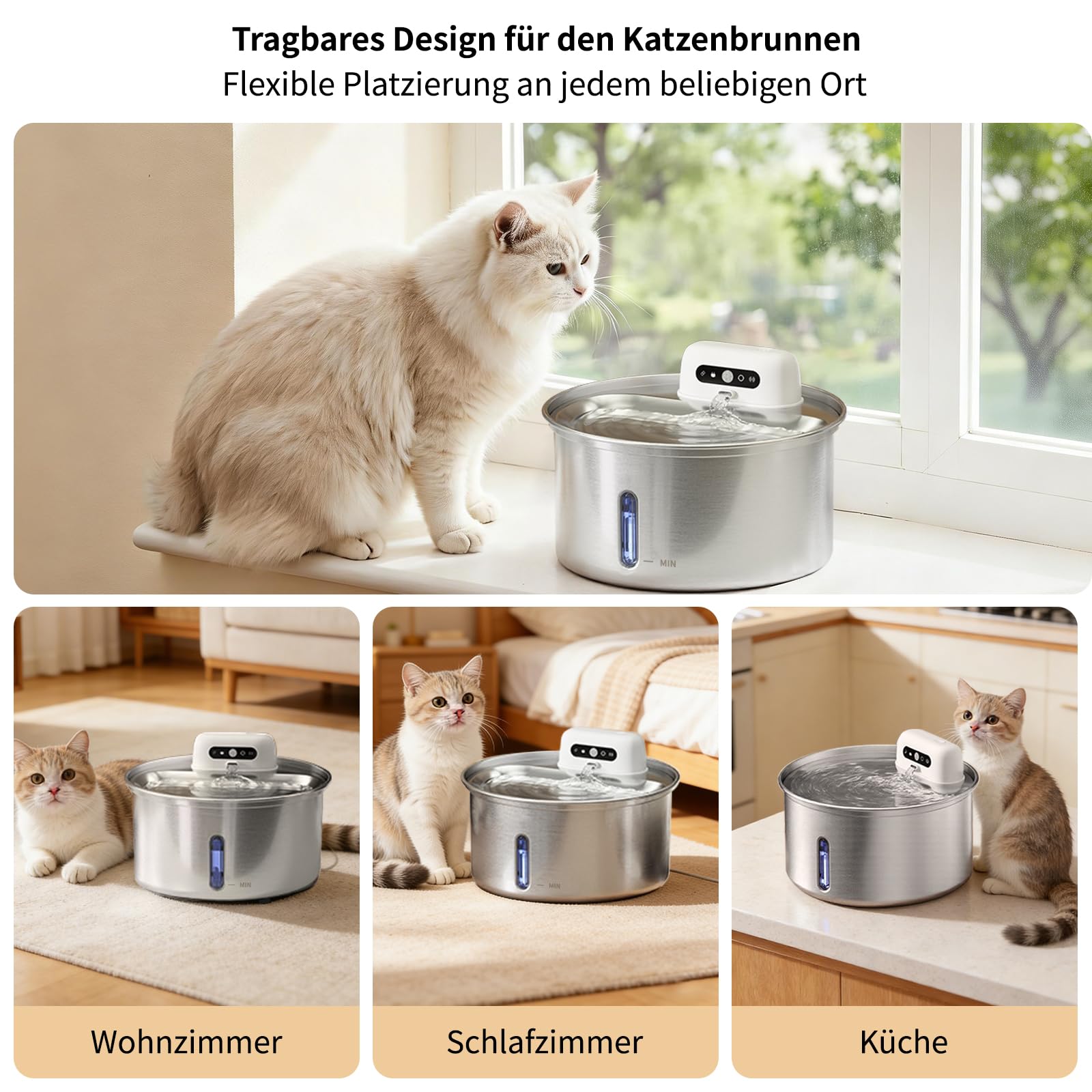 Katzenbrunnen Edelstahl 3.2L, Kabelloser Trinkbrunnen für Katze mit 4000mAh Akku, Wasserbrunnen für Katzen mit Bewegungsmelder, Leise & Spülmaschinenfester, Katzentrinkbrunnen für Hunde
