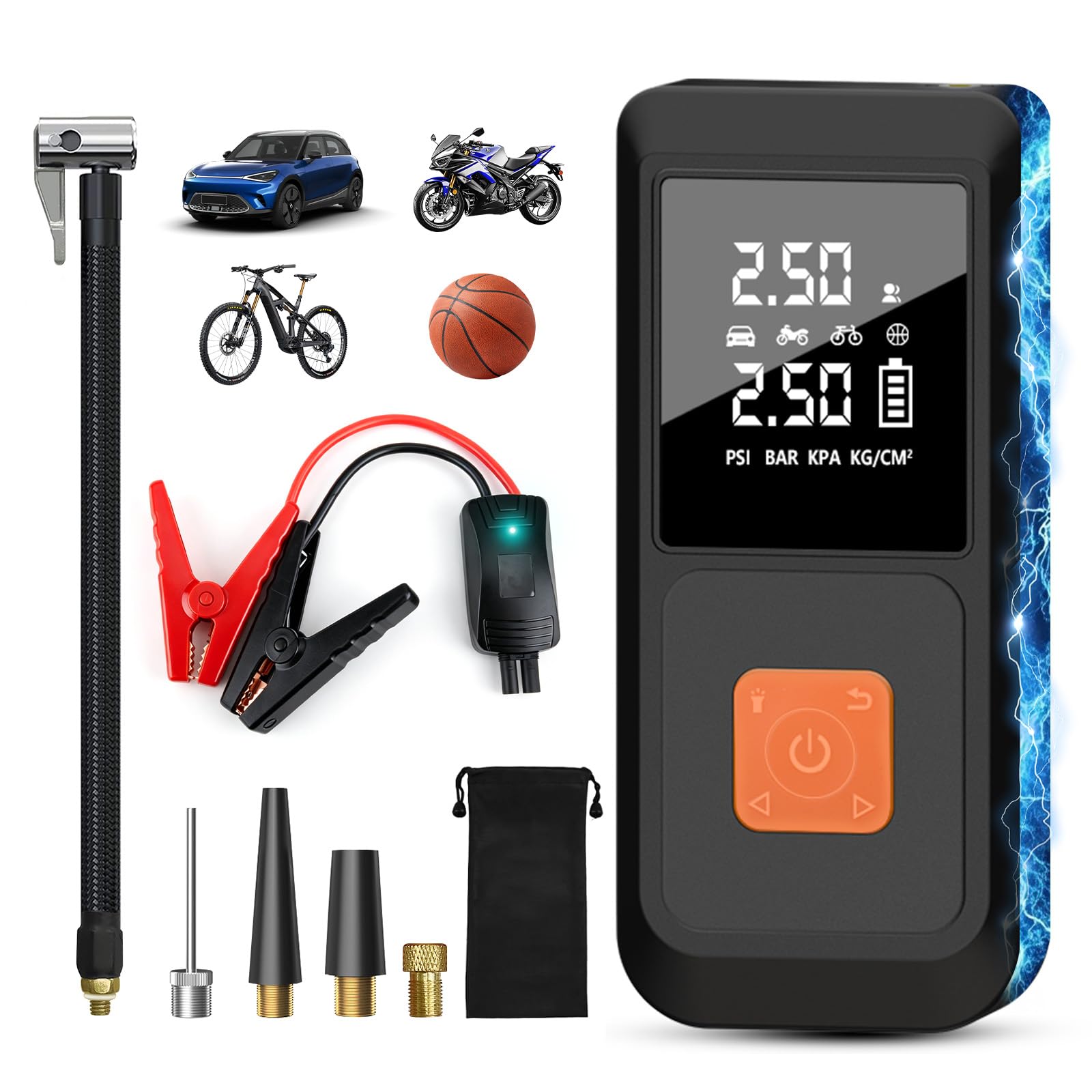 Junsun Arrancador de Batería 12V con Compresor de Aire 150 PSI y Power Bank 10000mAh, Inflador Portátil para Coche Gasolina y Diésel, Arranque de Emergencia, Pantalla LCD, Carga Rápida y Luz LED