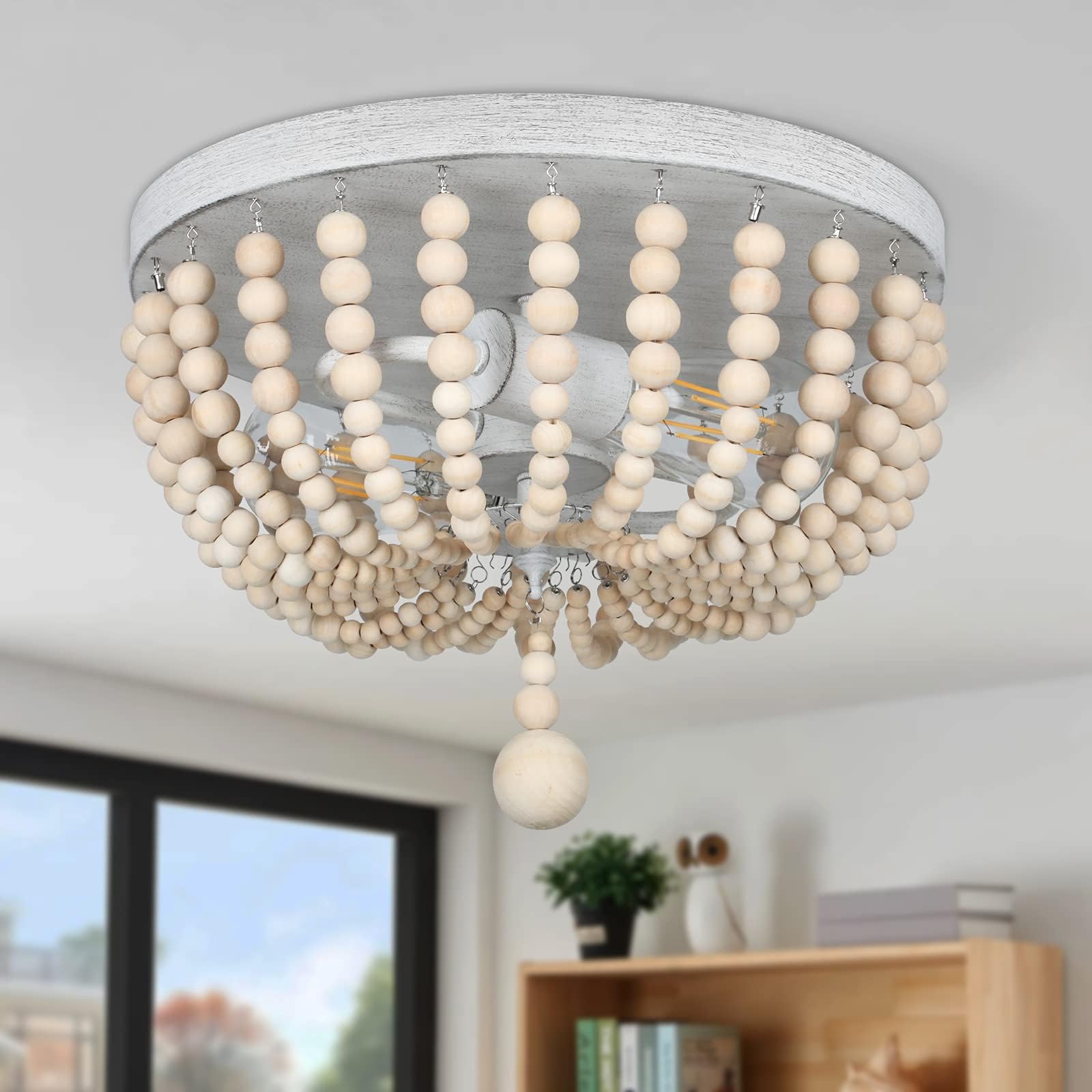 Boho Wood Bead Chandelier, Retro Ceiling Lamp, Farmhouse 2-Light Pendant Light Fixture, Semi Flush Mount Ceiling Light for Living Room Entryway Hallway Kitchen Dining Room Baby’s Nursery, Oak& White