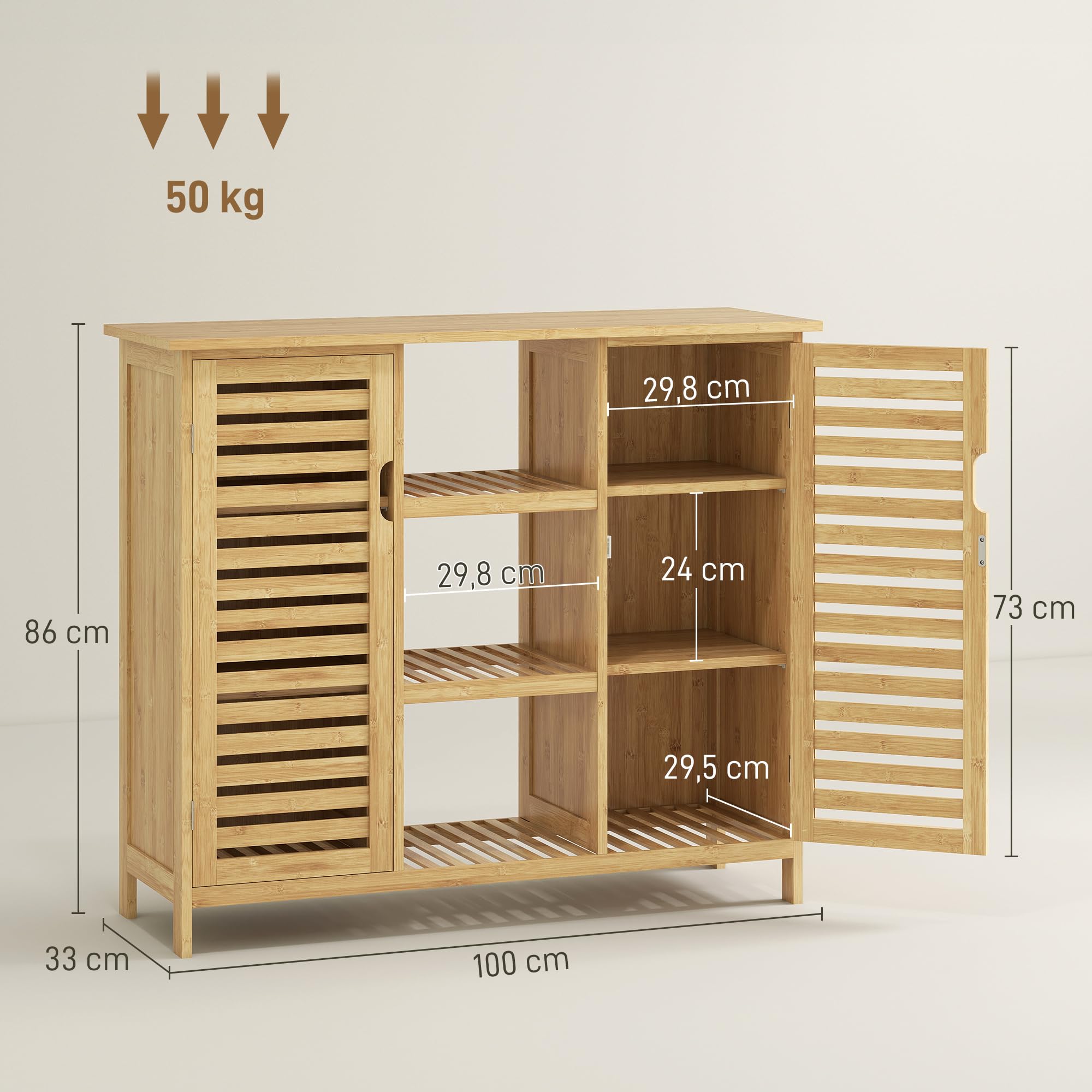 Armario de Almacenaje de Bambú 2 Puertas de Lamas 100x33x86 cm Natural | HOMCOM, Mueble Recibidor con Estantes y Compartimentos Abiertos, para Salón, Entrada