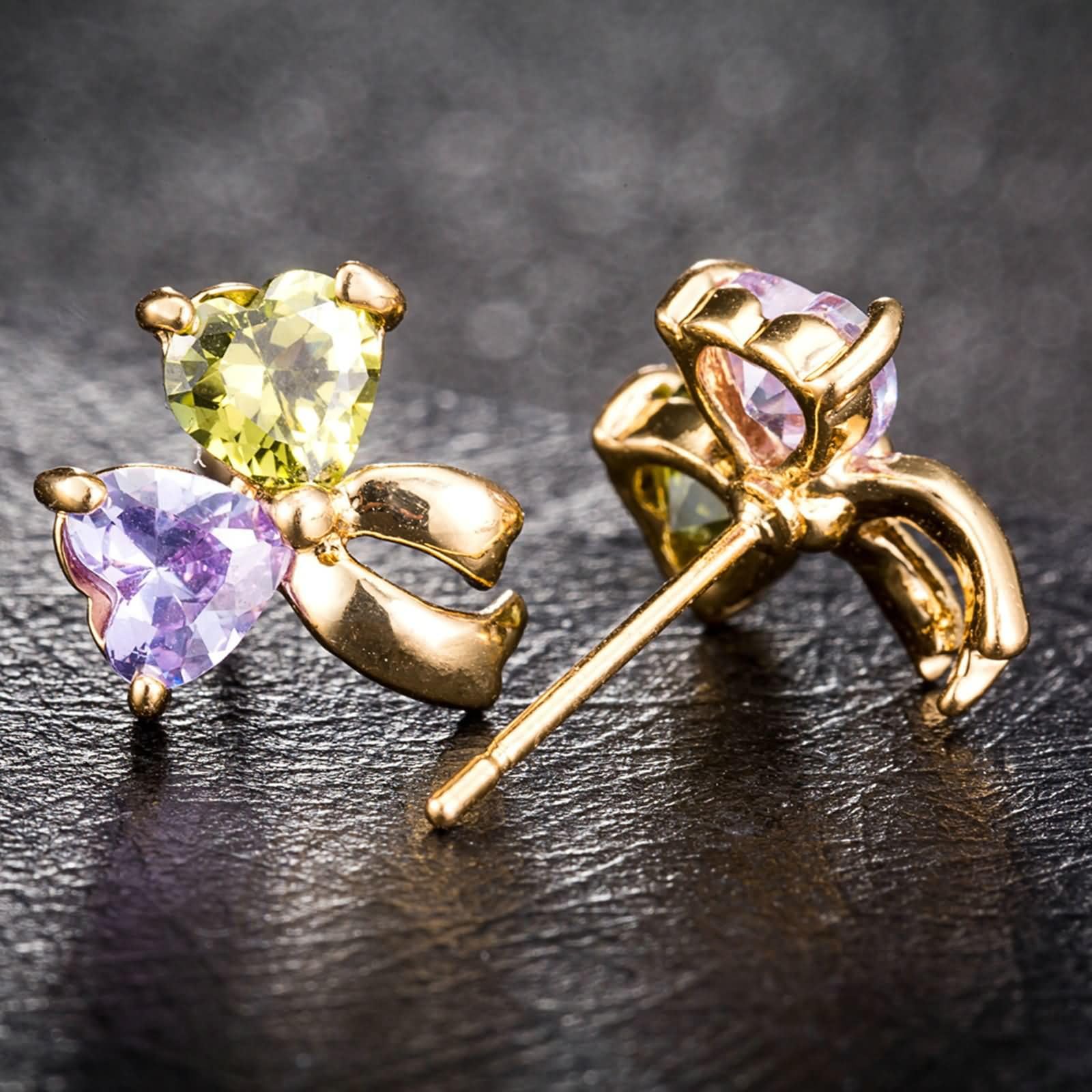 9-karatowe / 14K / 18K złote kolczyki damskie, serce i łuk z moissanitem, kolczyki ślubne kobiety złoty pin
