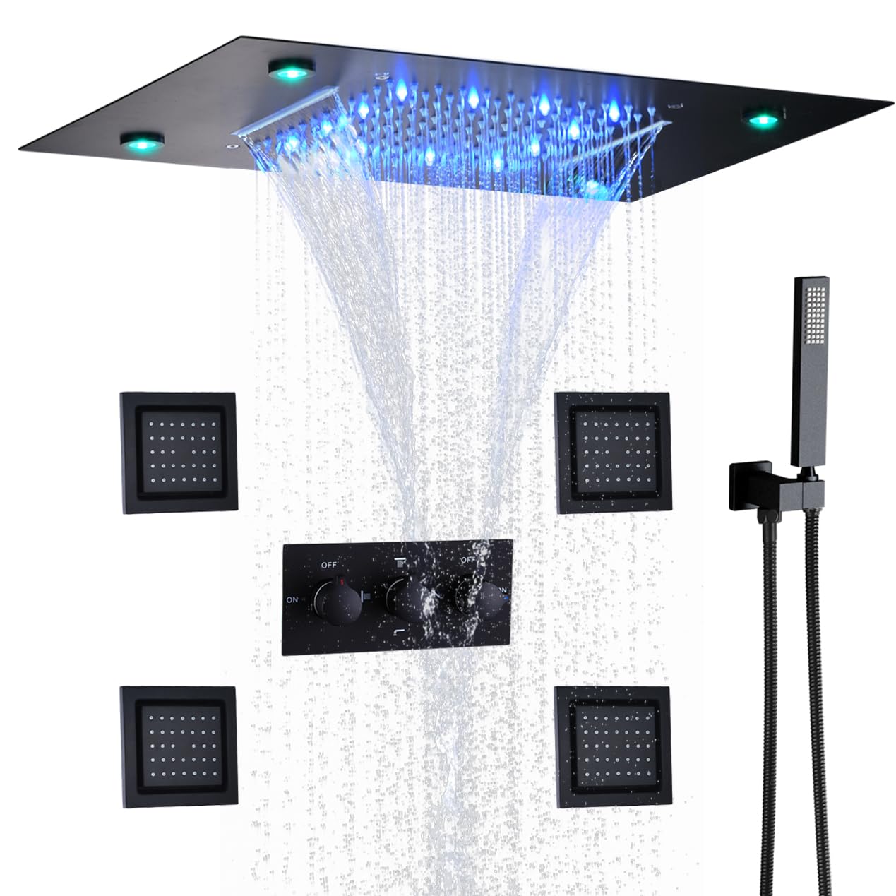 Waterfall And Rain Shower System Faucet Set 14 X 20 Inch LED Ceiling Rainfall Matte Black Shower Head With Handheld Spray Combo Shower Body Jets For Bathroom