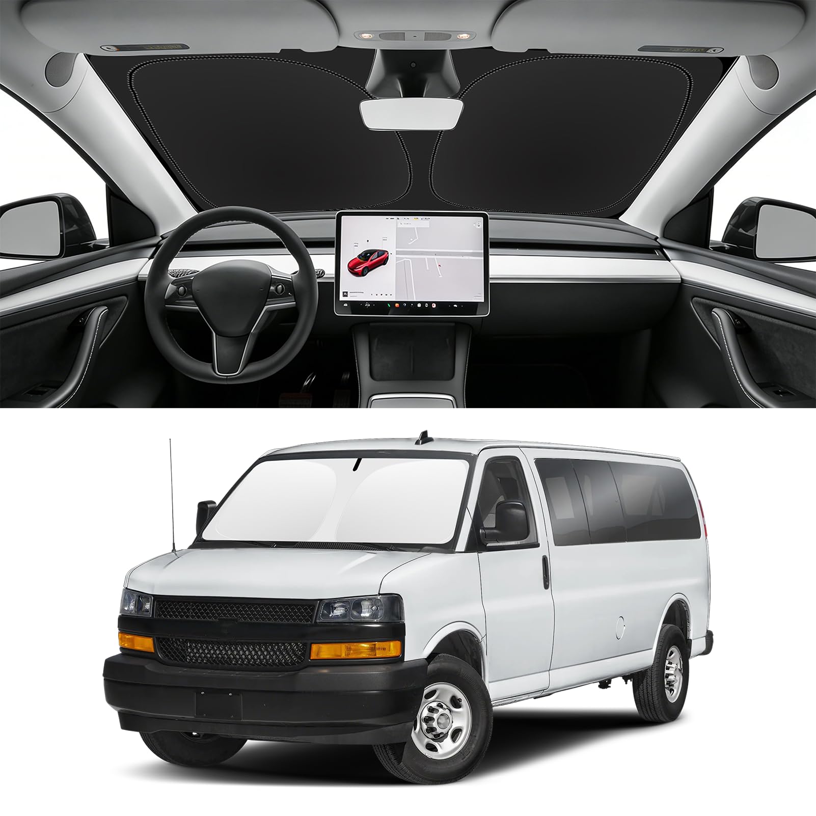 SLOGENTO Custom Fit Windshield Sun Shade for Chevy Express 1996-2026, Blocks UV & Heat, Front Window Sunshade Accessorie, Easy Fold & Store Keep Your Car Cooler