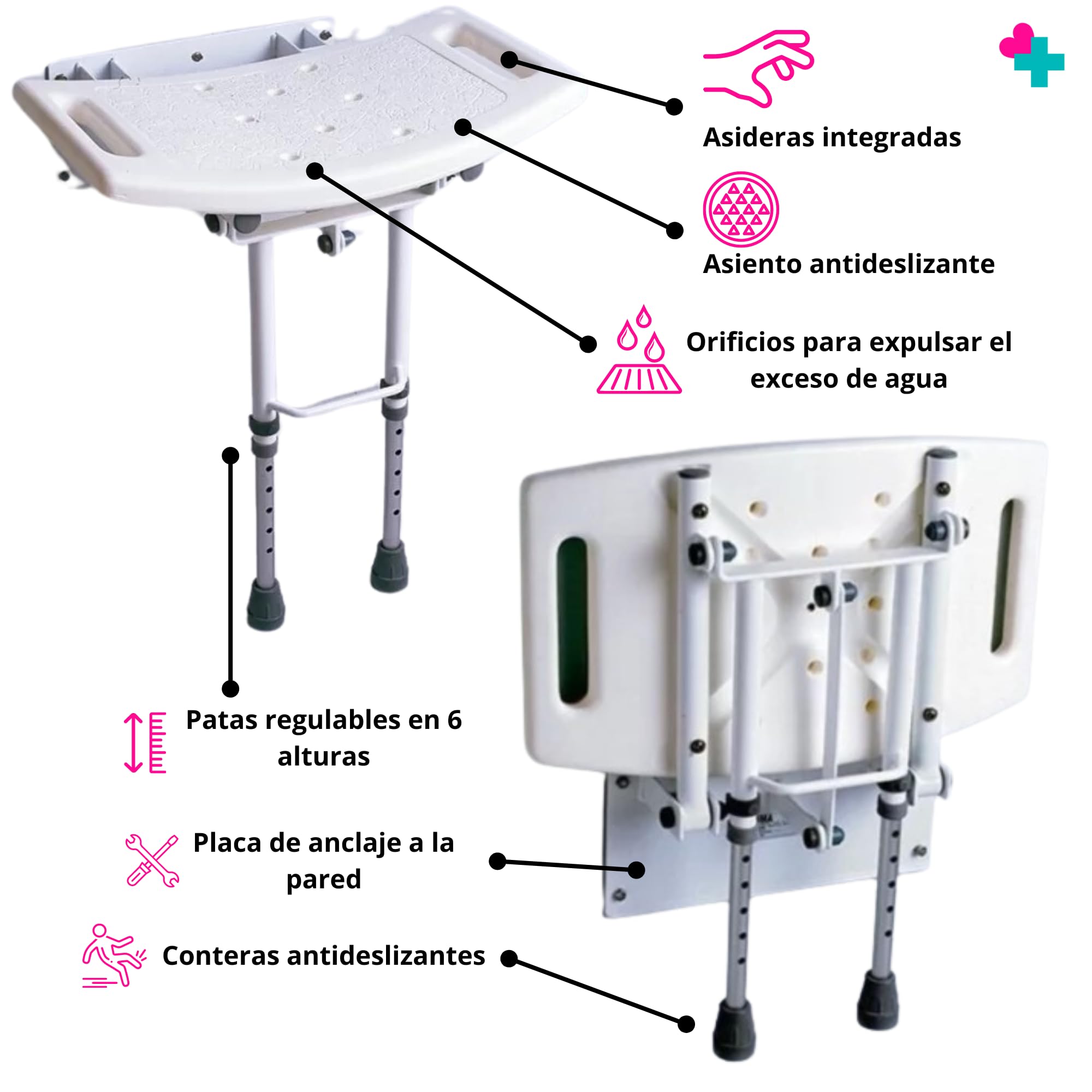 Asiento Abatible de Pared con Patas para Ducha. Asiento Ayudas Ducha Personas Movilidad Reducida. Asiento Plegable con Patas Regulables en Altura. Extra de Seguridad en Casa