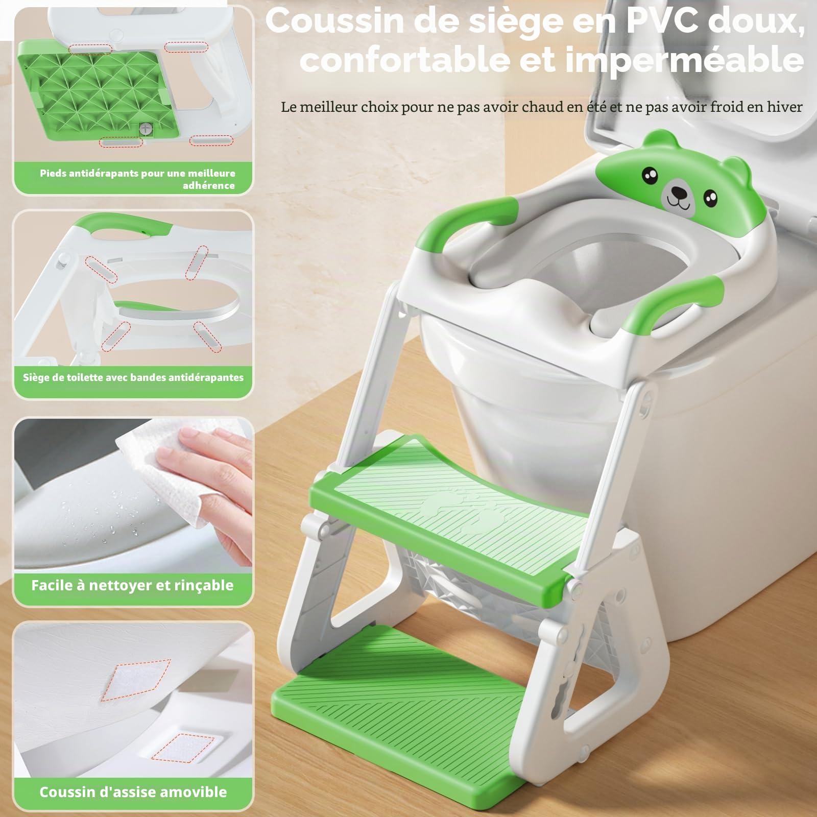 Reducteur Toilette Enfant, Reducteur Wc Enfant,2 en 1 Rehausseur Toilette Enfant avec Coussin Anti-éclaboussures et Antidérapant,Tabouret d'escalier,Réducteurs de Toilettes Pliable et Réglable