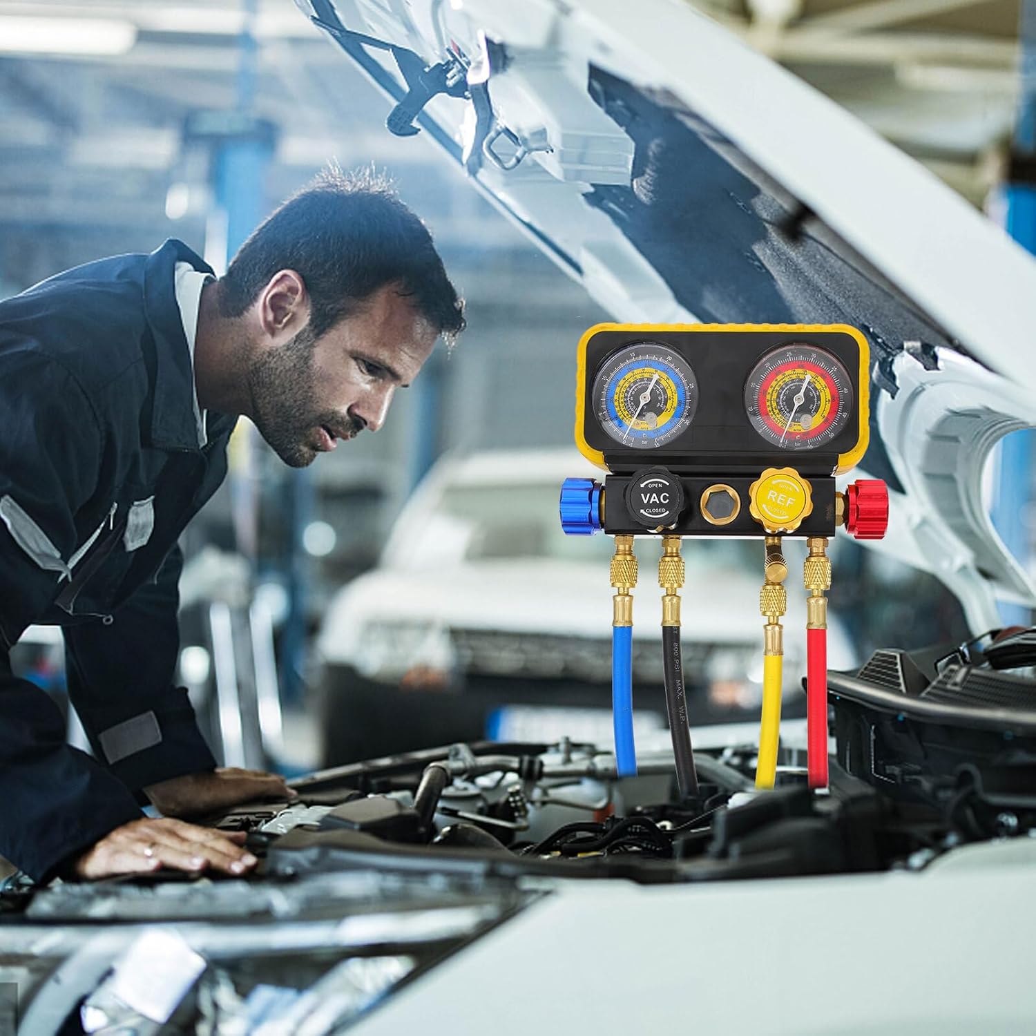 4-Way Air Conditioning Manifold Gauge Set Diagnostic Refrigeration Manifold Kit with Hoses and Valves Automotive Ac Service Tool for HVAC Random Color