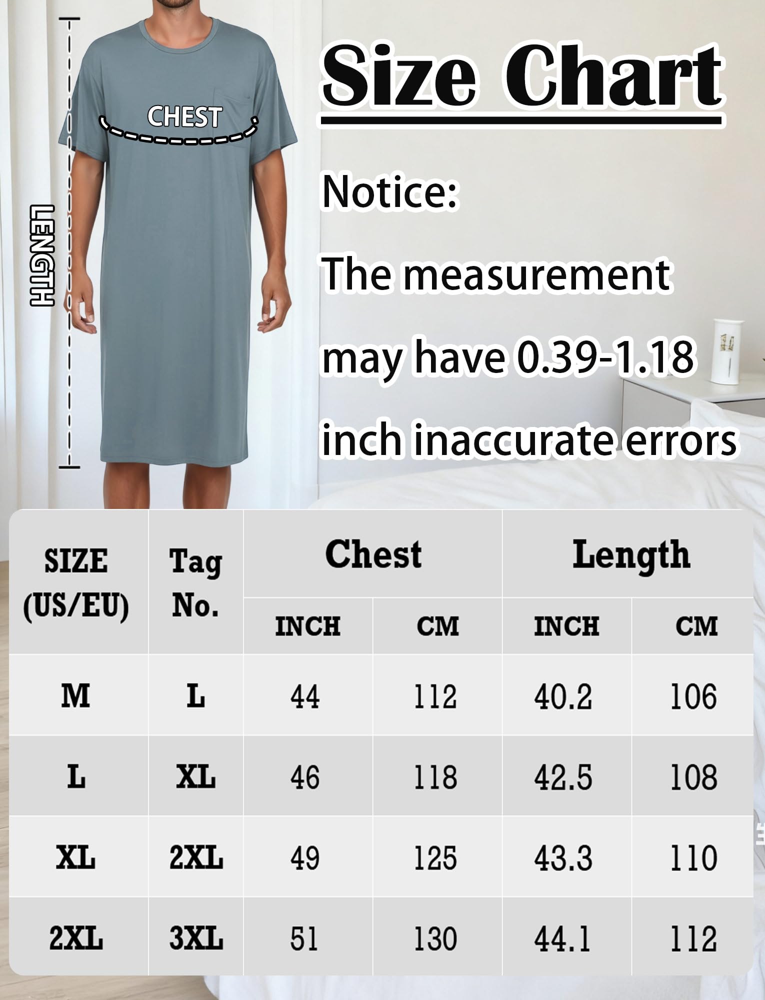 FEOYA Chemise de nuit longue pour homme - Chemise de nuit - Vêtements de détente - Chemises de nuit confortables à manches courtes