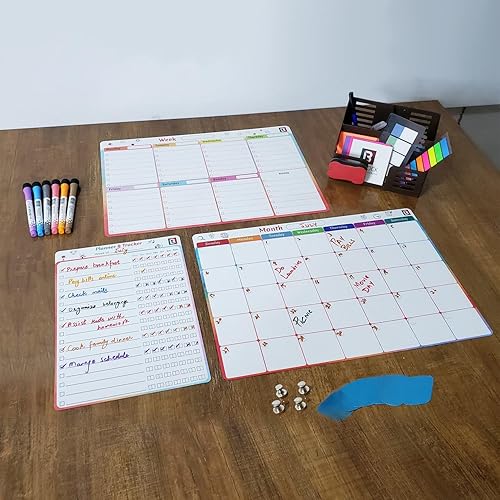 Miniatura 7 de Juego de 3 calendarios magnéticos mensuales para refrigerador, 1 calendario semanal de borrado en seco para refrigerador, 1 tabla de tareas para