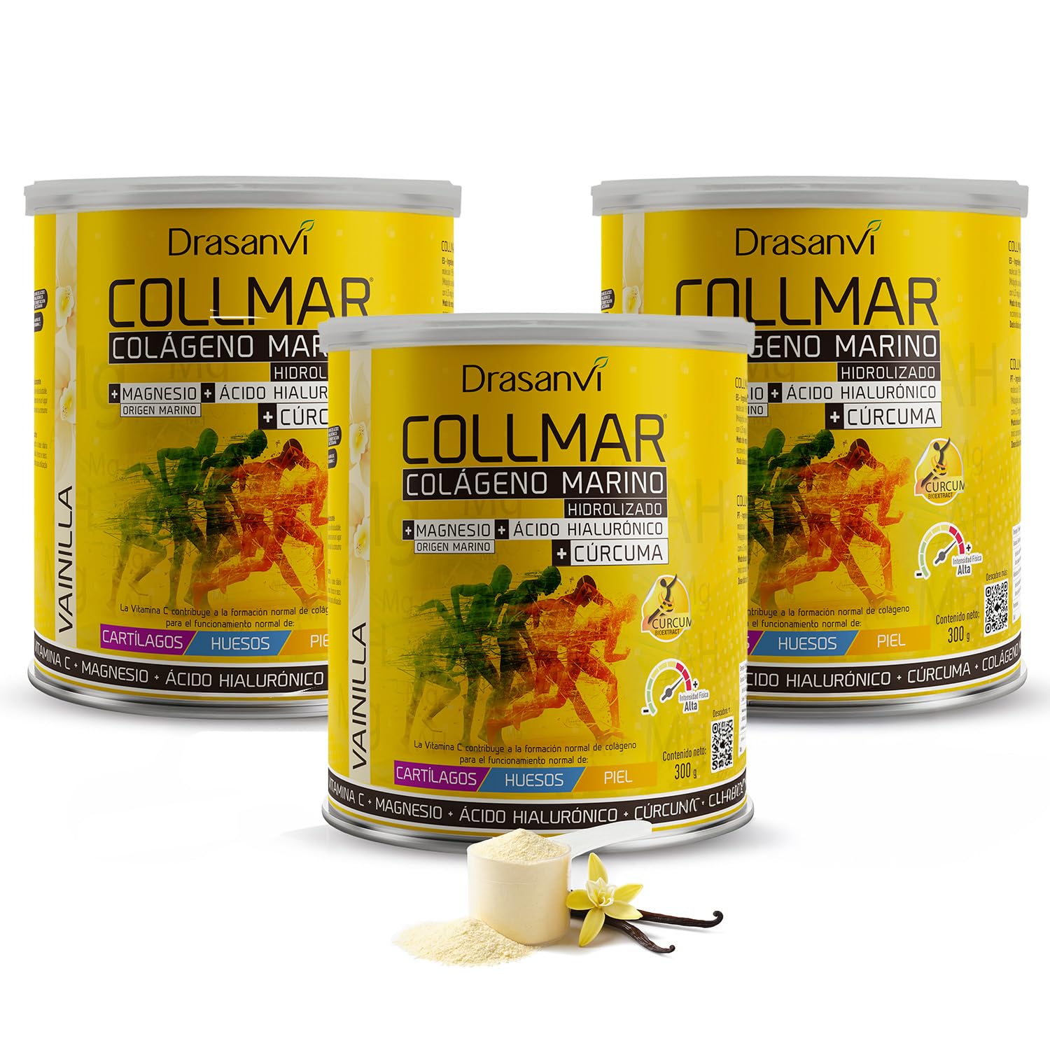 Colageno Drasanvi Collmar Hidrolizado Marino Con Acido Hialuronico Magnesio | Bienestar Articular Y Muscular, Con Curcuma Y Vitamina C - Colageno Marino Hidrolizado En Polvo Sabor Vainilla, Pack 3x300 G