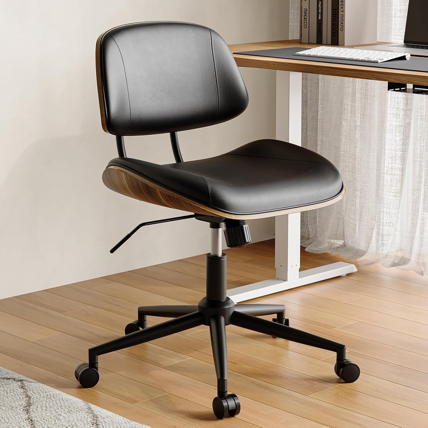 Armless Office Chair with Wheels, PU Leather Adjustable Height Desk Chair - 360° Swivel Ergonomic Computer Chair for Small Space, Modern Walnut Style, Home & Meeting Room, Black - Thumbnail 4