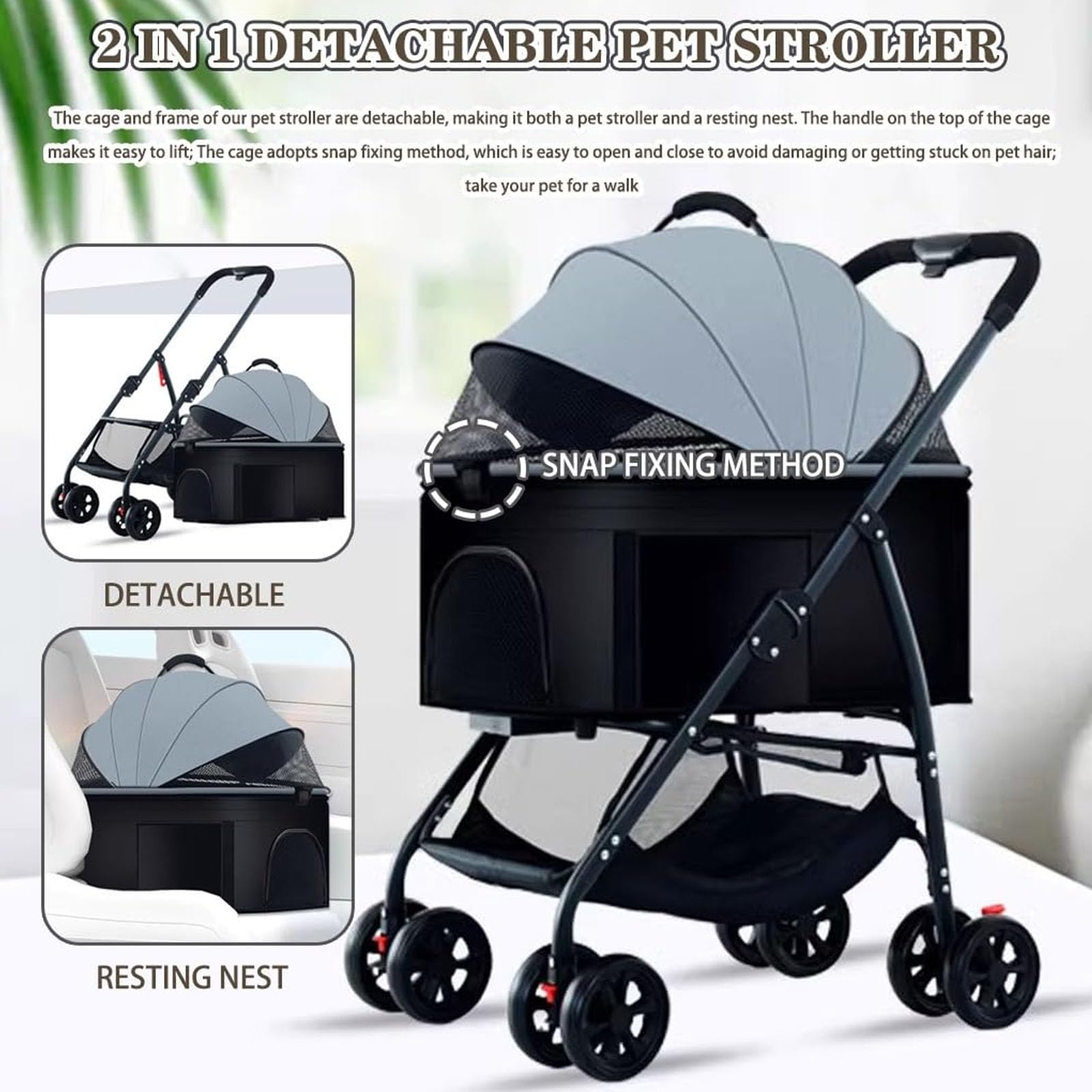 Passeggino per Cani E Gatti 3 in 1, Passeggino Pieghevole Leggero per Cani, Passeggino da Viaggio per Gatti, Trasportino da Viaggio per Cani, Passeggino da Jogging per Animali Domestici,A
