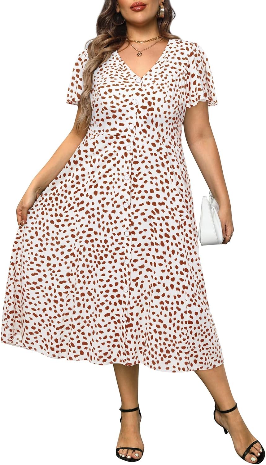 Plus Size Summer Dresses - Casual Work Boho Button Front Floral Midi Dress with Pockets - Image 4
