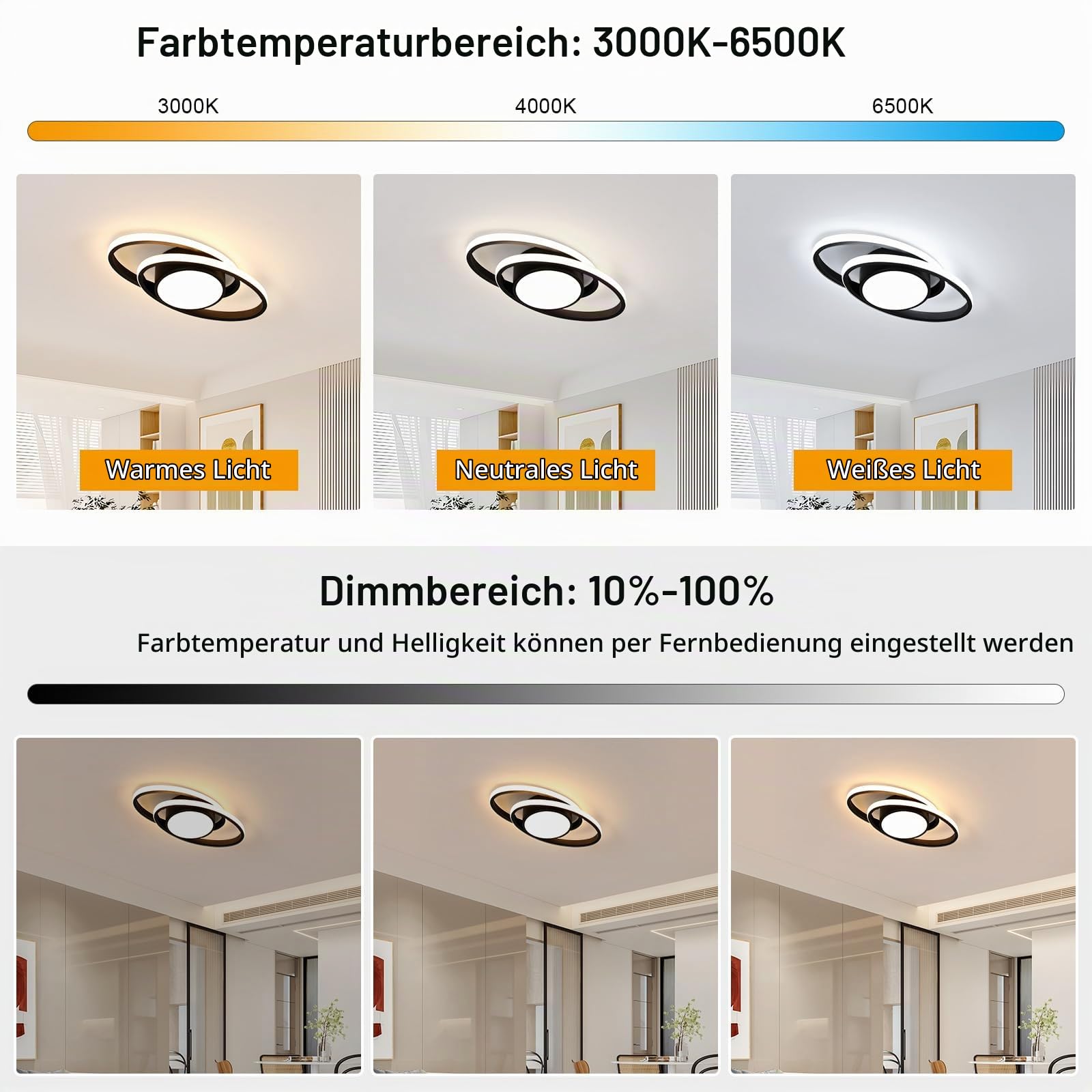Deckenleuchte LED Dimmbar 39W 4387LM, Moderne LED Deckenlampe Schwarz mit Fernbedienung, Rund Deckenbeleuchtung Wohnzimmer 3000K-6500K für Schlafzimmer Küche Badezimmer, 38.5CM