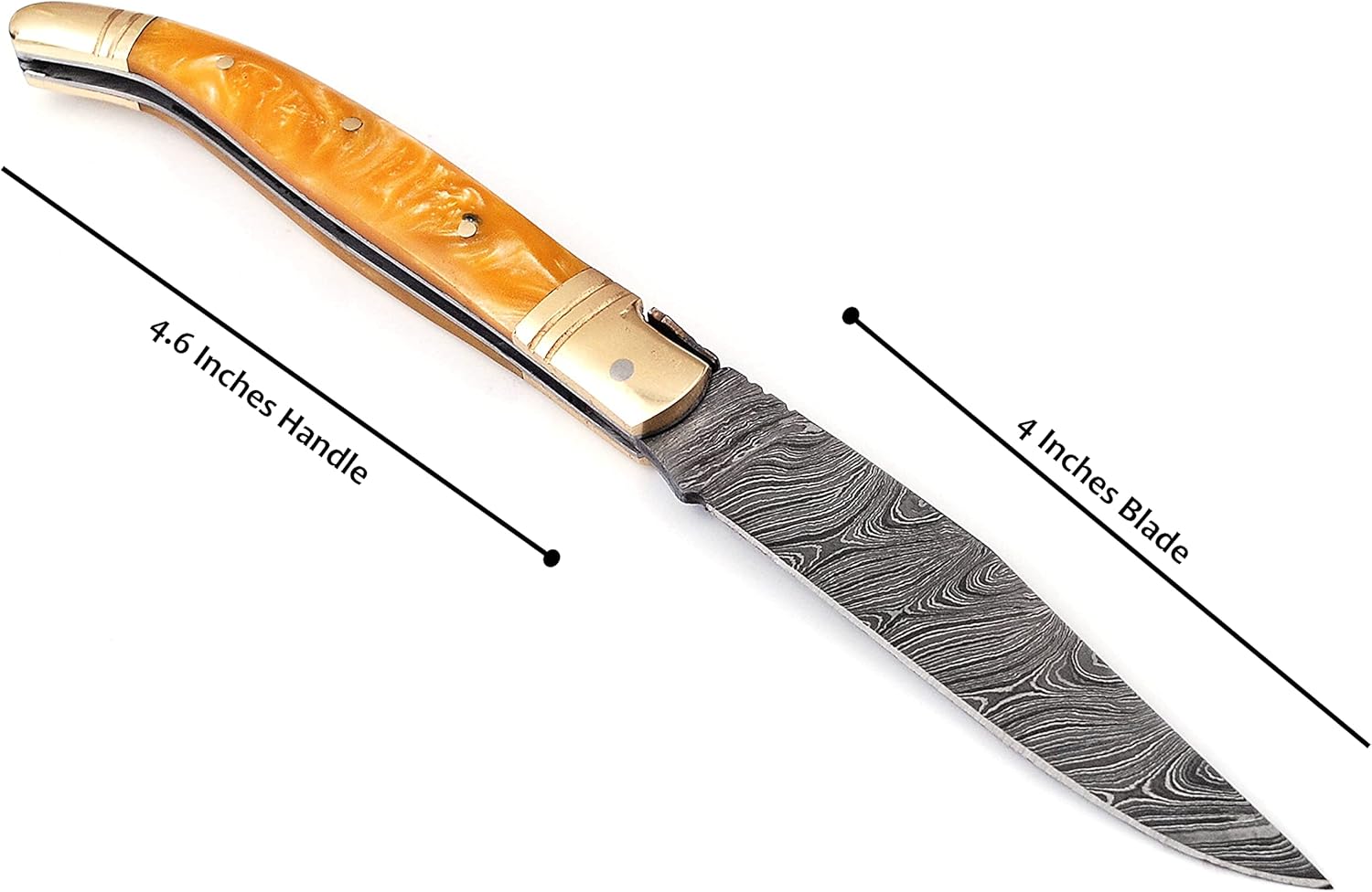 Laguiole Folding Damascus steel knife, 8.5" Long with 4" hand forged custom twist pattern Blade. Beige color unshrinkable Raisen scale with brass bolster, Cow hide leather sheath included