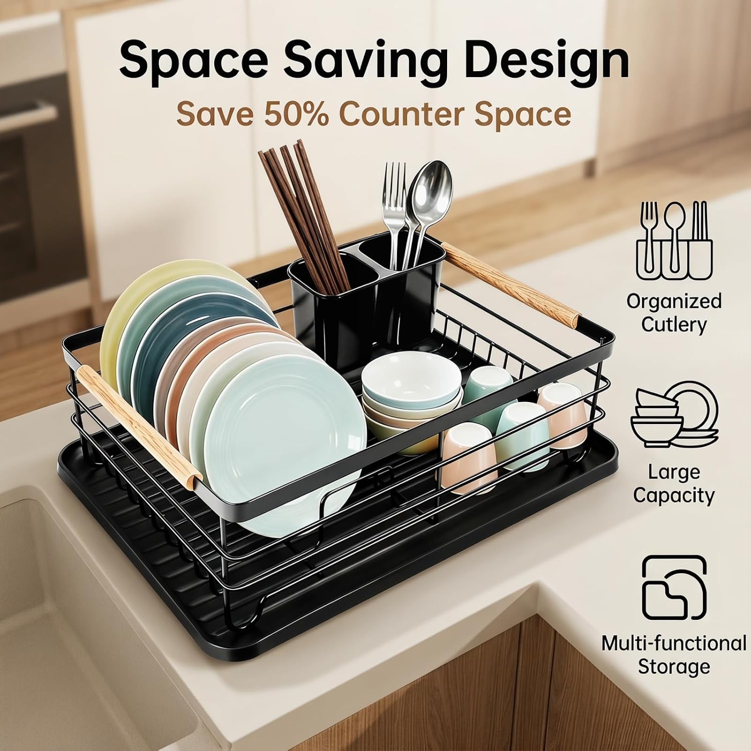 Dish Racks for Kitchen Counter, Thickened Metal Dish Drying Rack with Wooden Handles, Kitchen Countertop Organizer for Dishes, Spoons and Forks, No Assembly, Black, 16.7''*12.6''*5.12''