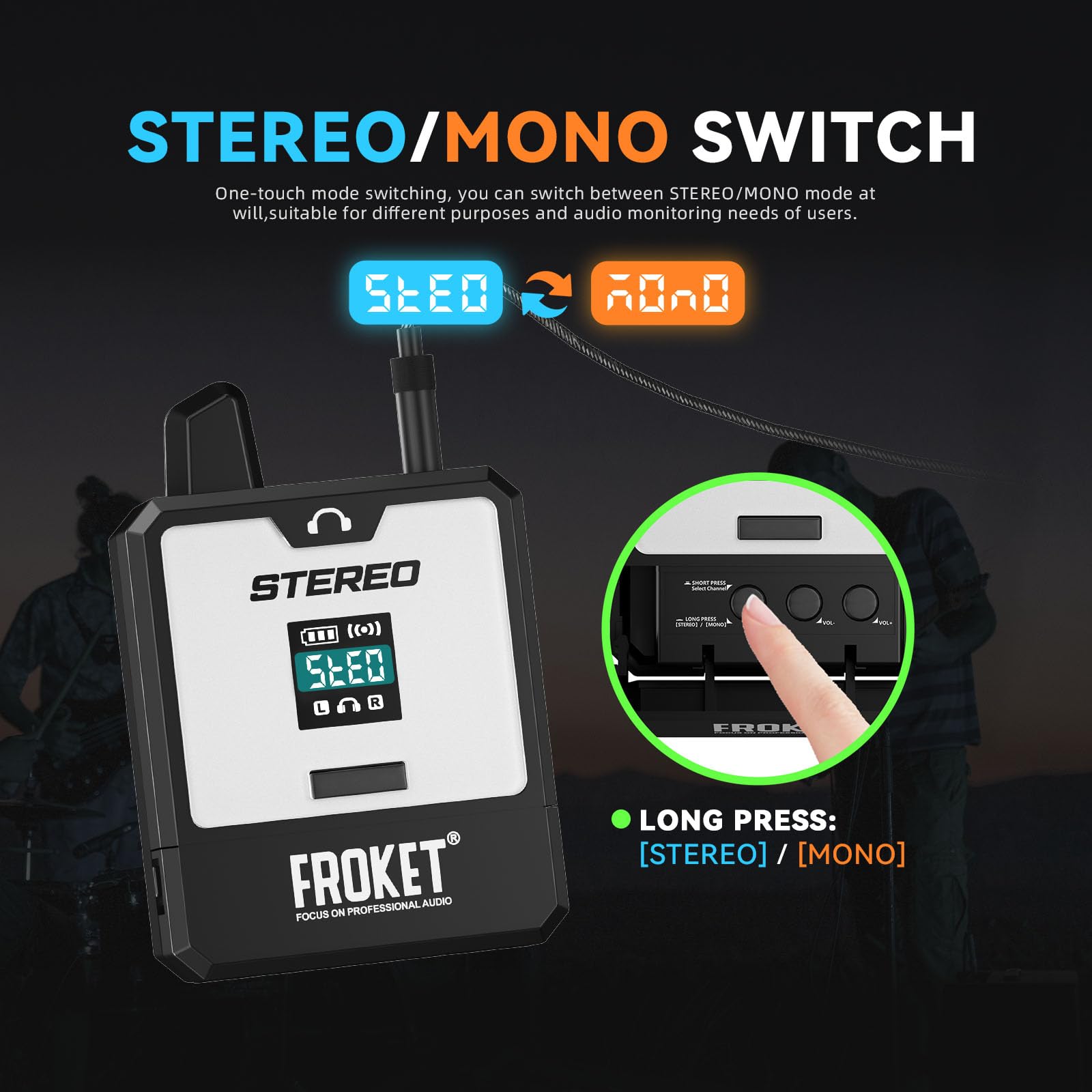 ET-24 - Sistema de monitor intrauditivo inalámbrico de 2.4G, latencia ultra baja de 15 ms, batería de 8 a 12 horas, 11 canales, sincronización multireceptor, rango de 30-50 m para rendimiento