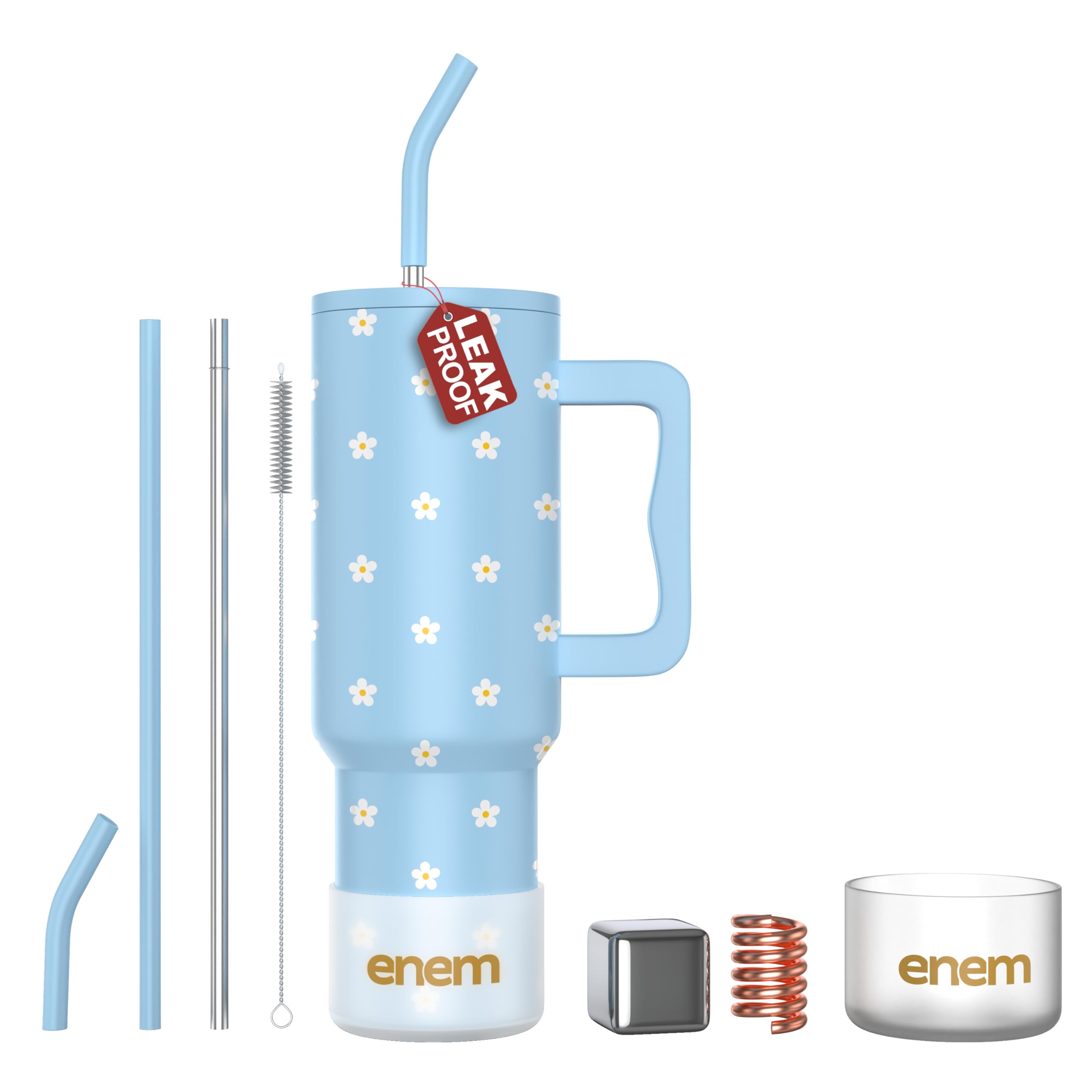 enem Tumbler, Sky Bloom, Tumbler with Metal Straw, Sipper, with Lid Leak Proof, 1 Metal Ice Cube, 1 Copper Spring (Tamba), Base Protector, Mug Travel, 1.2L