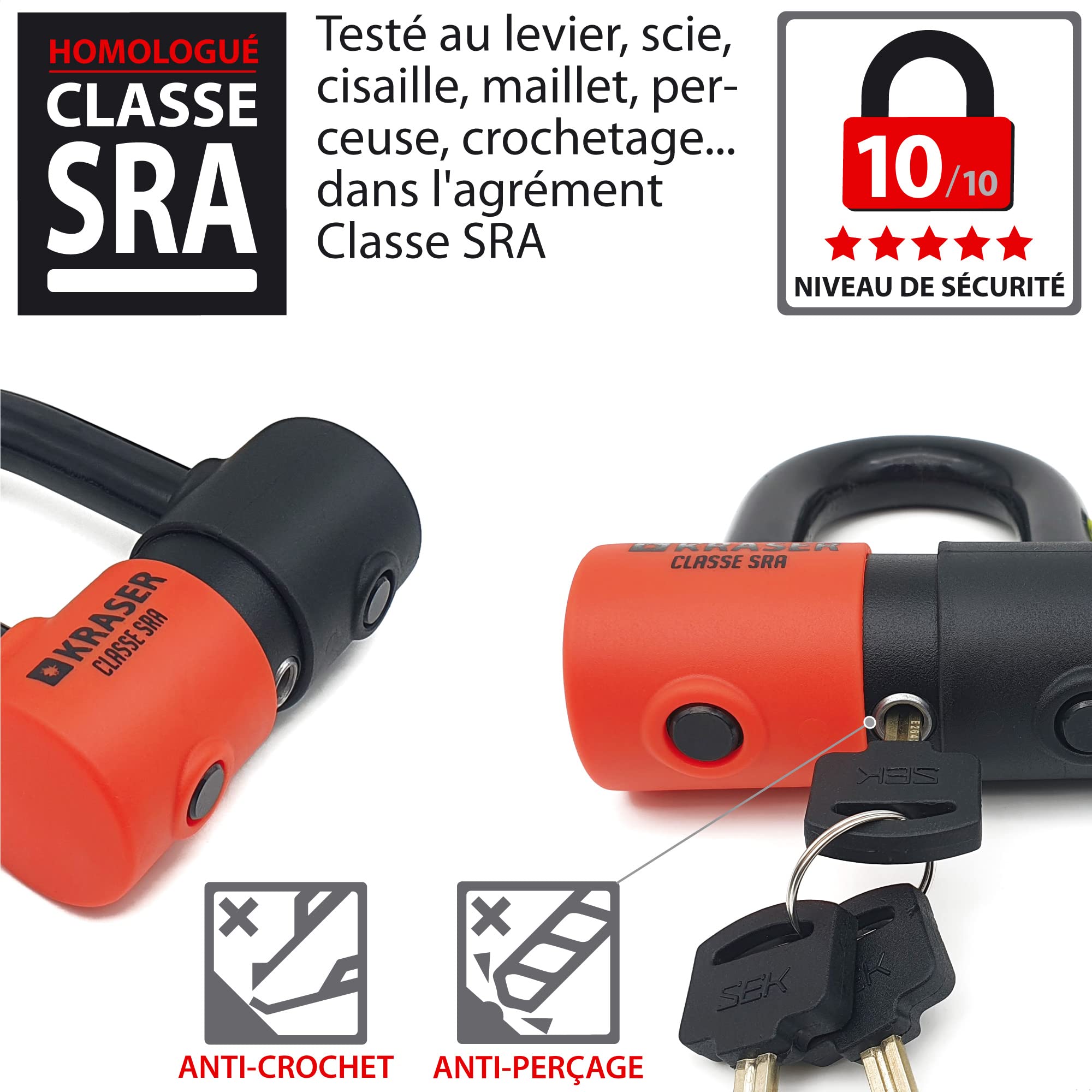 KRASER KR50+120L Antivol Moto Bloque Disque Homologué SRA | Robust Mini U Ø18 Acier Cémenté Double Verrouillage + Chaine Ø10 Haute Sécurité, Multifonctionnelle Moto Velo Parking Garage, 120cm Lasso