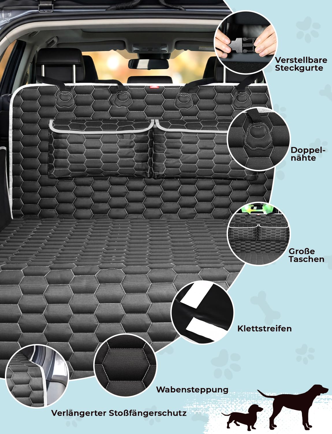 Oasser Kofferraumschutz Hund Kofferraum Schutzmatte 185x103cm Universal Auto 600D mit 2 Großen Taschen Seiten-und Ladekantenschutz Wasserdicht Kratzfest rutschfest Staubdicht für Limousinen und SUV
