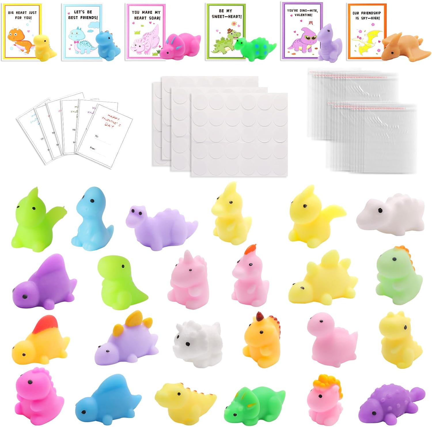 Qudoustar 30 Pack Valentines Day Cards for Kids School with Cute Dinosaur Mochi, Stress Relief Fidget Toys with Valentines Day Cards fo Kids Classroom Exchange Gifts School Party Favors