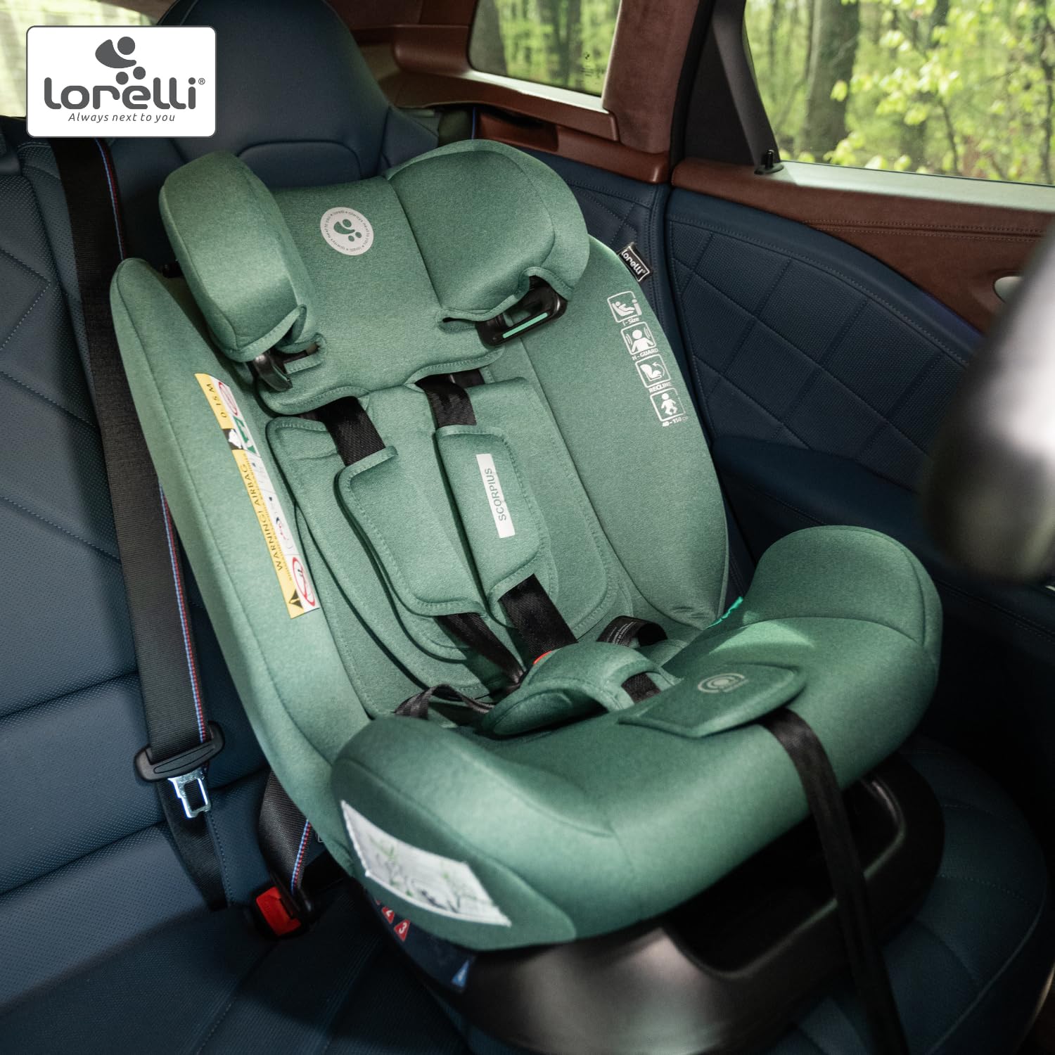 Lorelli Auto Kindersitz Scorpius i-Size, mitwachsender Autositz für Kinder von 40-150 cm, Babysitz, Autokindersitz ab Geburt bis 12 Jahre, Einstellbare Kopfstütze, 5-Punkt-Sicherheitsgurt, grün