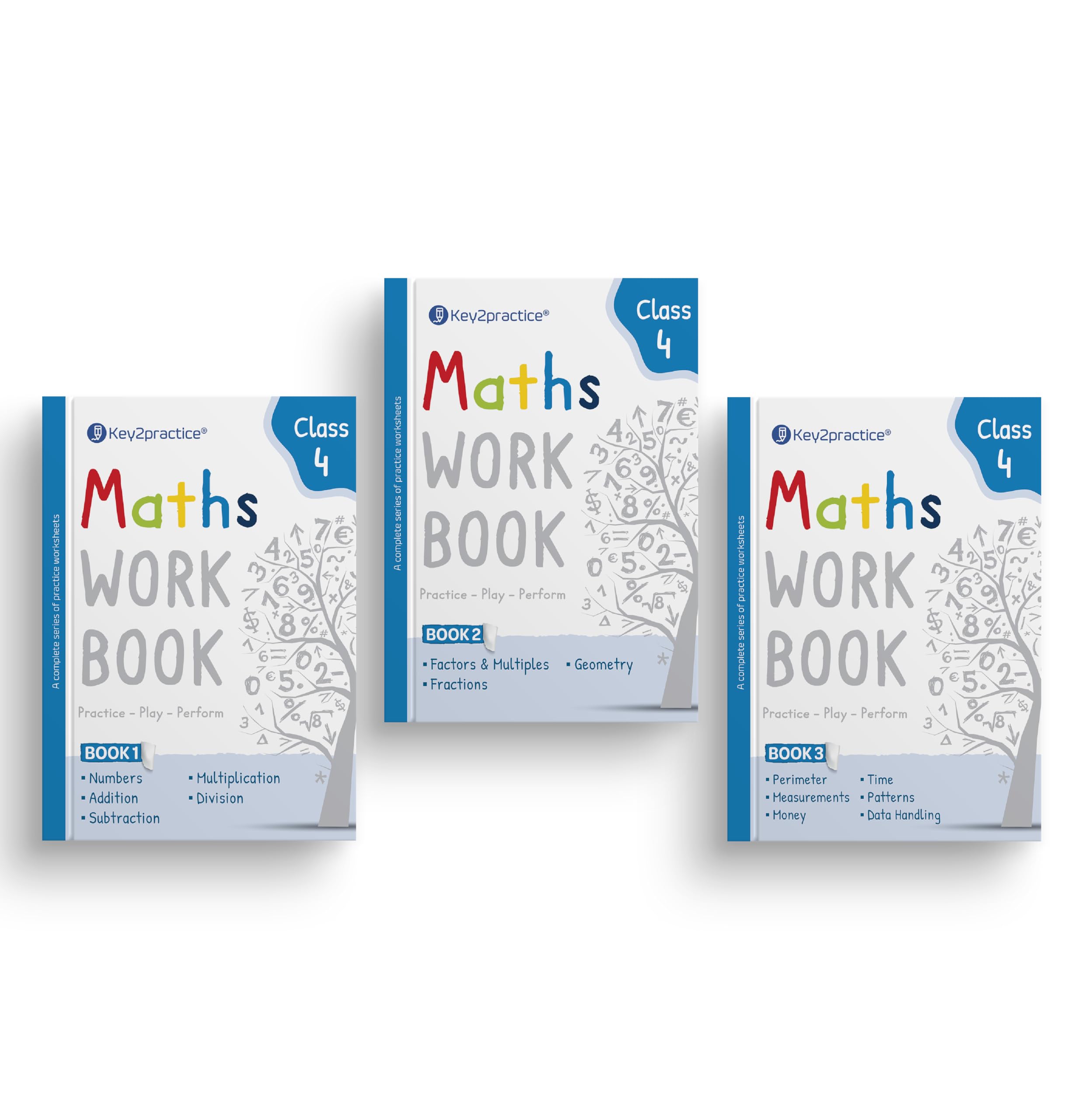 Key2Practice Maths Workbook For Class 4 (Set of 3) : Combo of (Numbers, Addition, Subtraction, Multiplication, Division, Factors & Multiples, Fractions, Geometry, Perimeter, Measurements, Money, Time, Patterns, Data Handling), Activity Based Worksheets