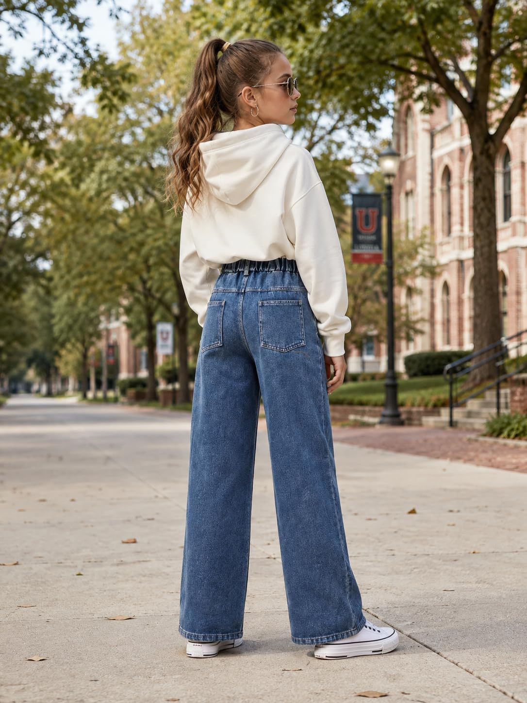 Tween Girls' Jeans Casual Elastic Waist Straight-Leg Denim Pants with Bowknot for Girls Y2K Boyfriend Skater Streetwear 7-14Y