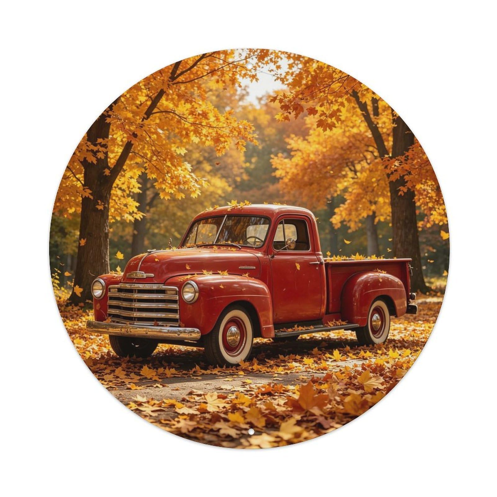 Red Truck In Autumn Woods Metal Tin Sign Plaque