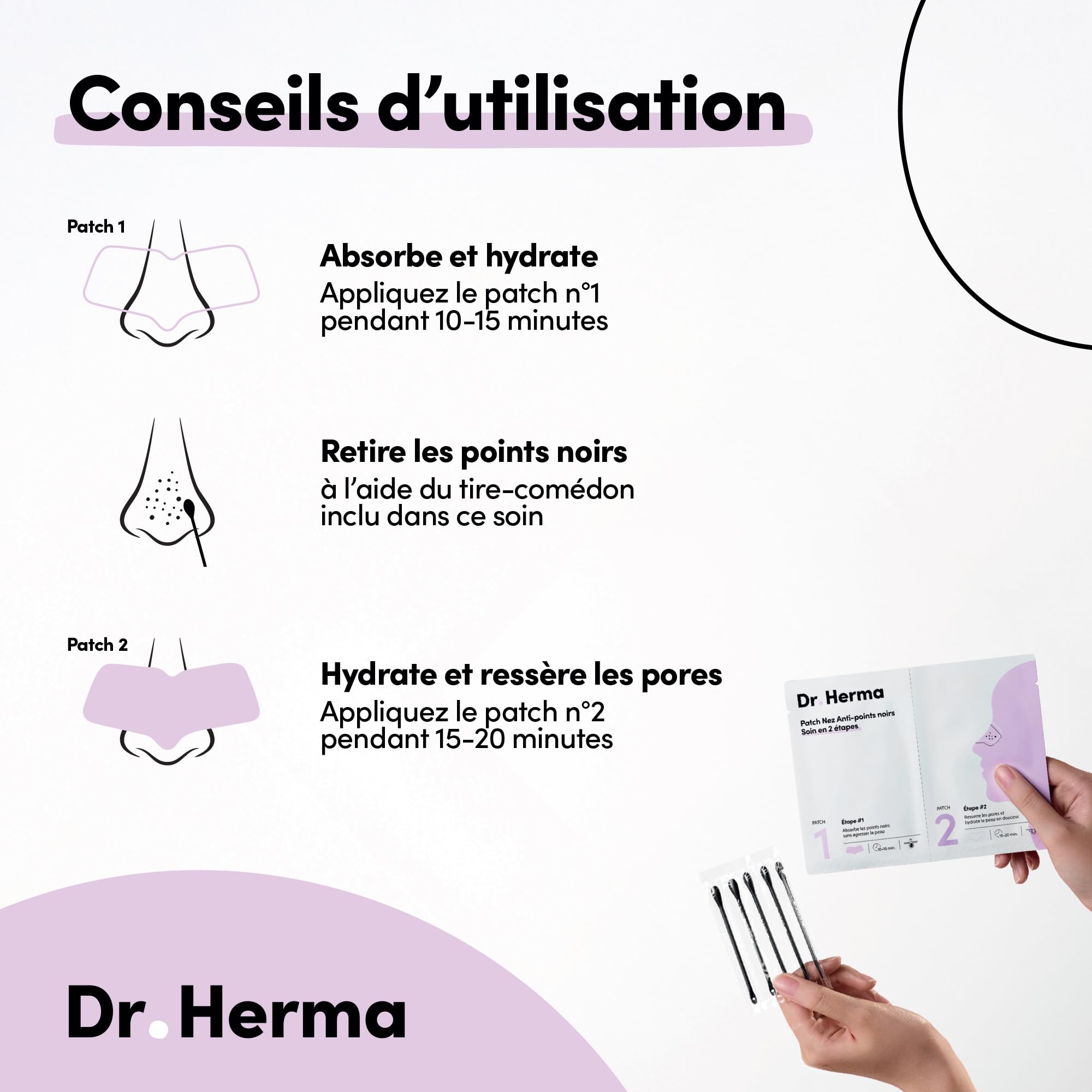 Dr Herma – Patch Nez Point Noir 2 étapes Format Nez – Purifie, Désincruste & Ressere les Pores – Patch Nasal Anti Imperfection Visage