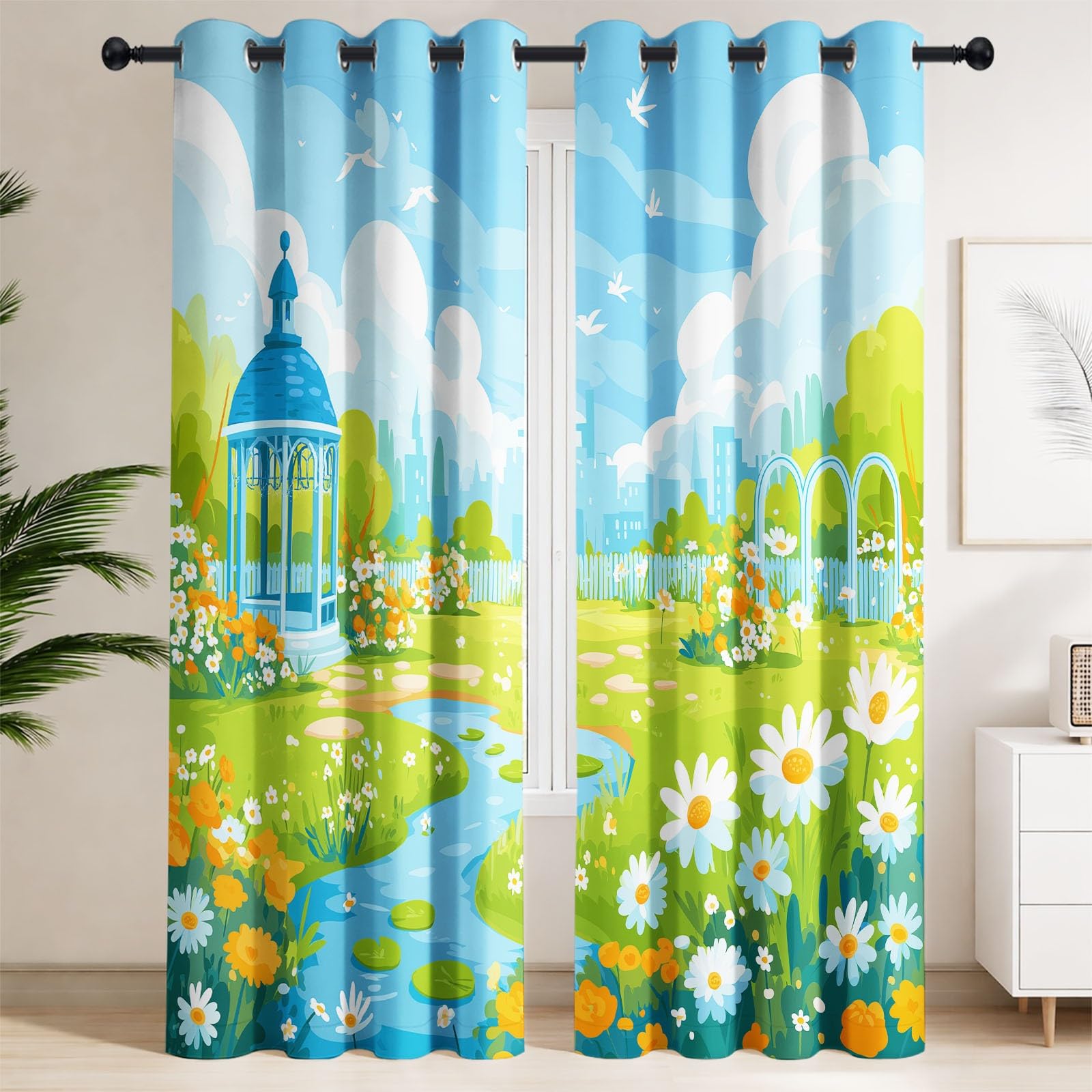 Cortinas ocupantes estilo rural jardín estampadas flor de margarita lavable a máquina, ideal para niños jugadores en sus dormitorios y salas de estar, 110 x 215 cm(2 paneles)