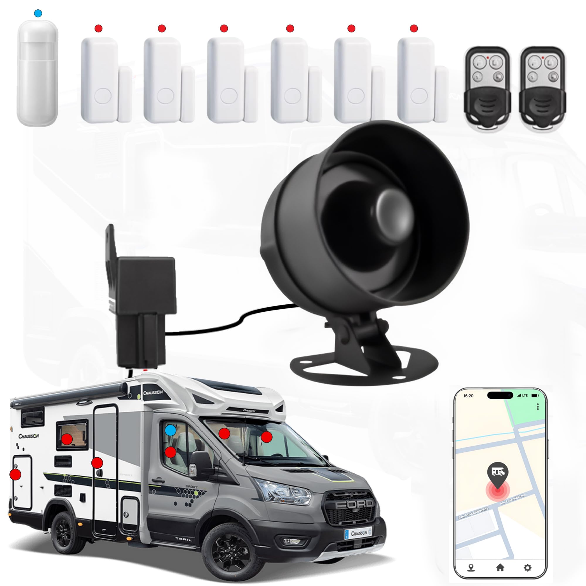Système d'alarme antivol et Traceur GPS – antivol 110dB - Alarme Universelle de sécurité pour Fourgon, Camping-Car, Van, Voiture, Moto
