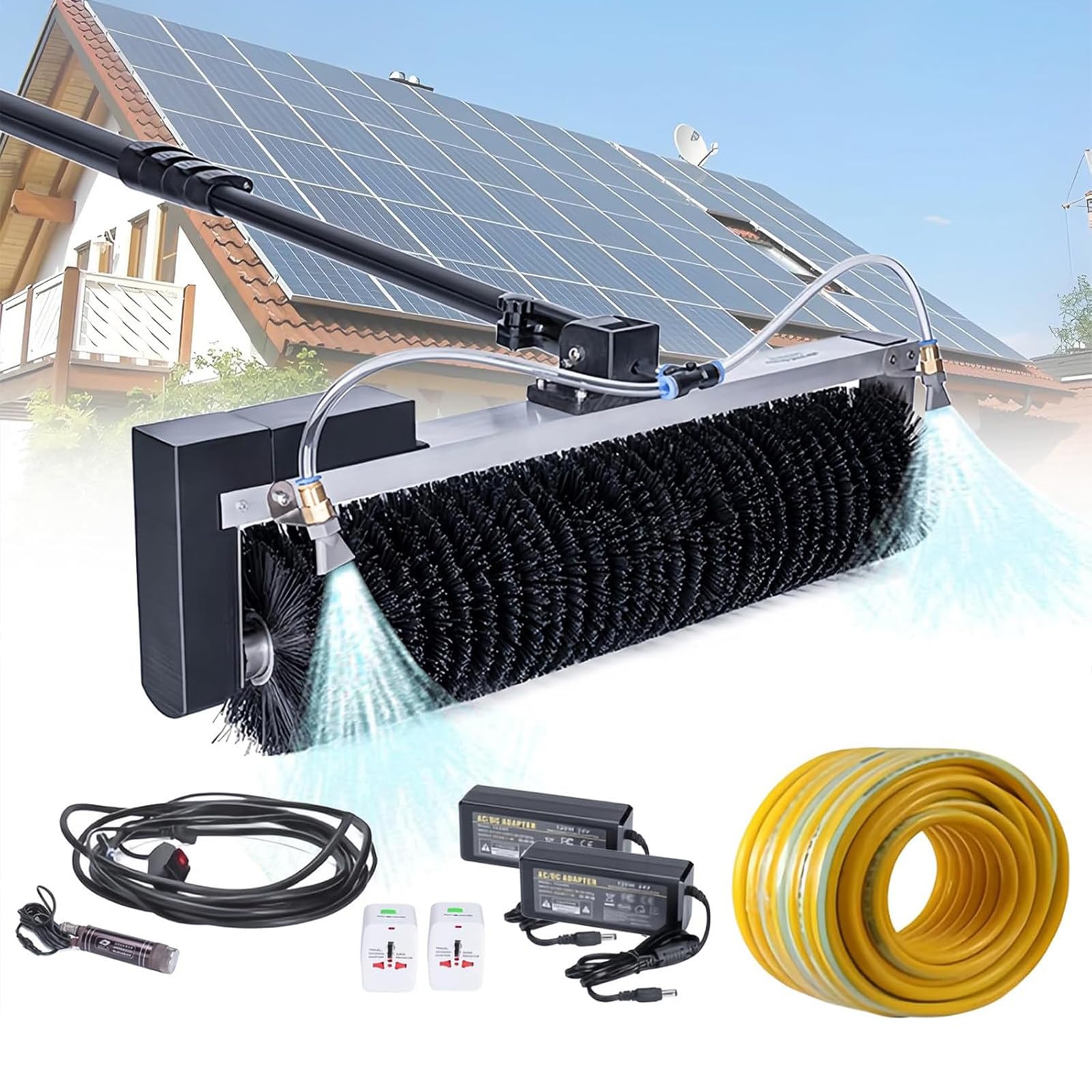Máquina Limpieza Lavado Paneles fotovoltaicos con Varilla telescópica,Equipo Limpieza Paneles solares,Robot Limpiador Solar,Kit pértiga eléctrica con alimentación Agua,7.5m(24.6ft)