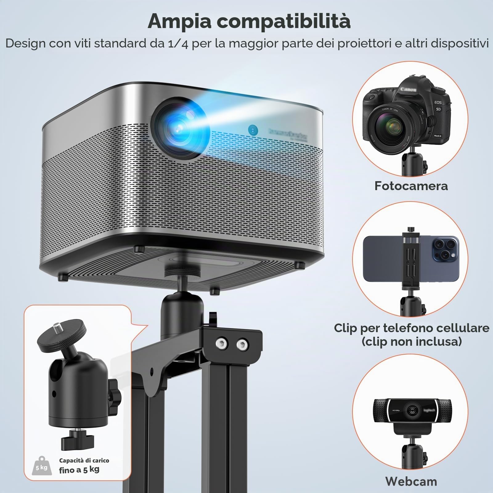 KDD Staffa Proiettore Soffitto con Regolazione a 360°, Supporto per Proiettore da Tavolo, Supporto Proiettore con 1/4 Vite di Video Proiettori LCD a LED, Supporti Proiettori per Ufficio Casa e Scuola