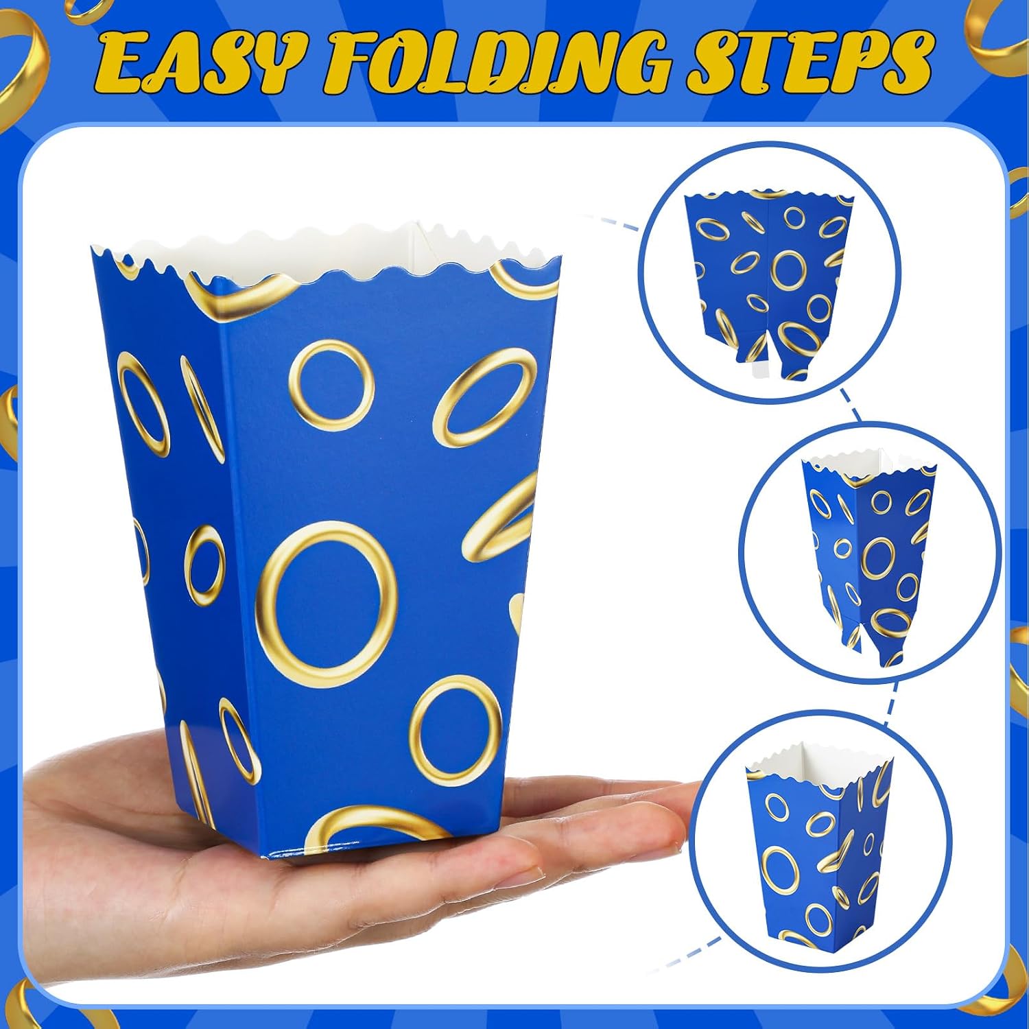 Honoson 48 Pcs Navy Blue Popcorn Boxes with Gold Ring Design Cartoon Candy Snack Boxes Paper Popcorn Container for Birthday Wedding Movie Night Party Supplies