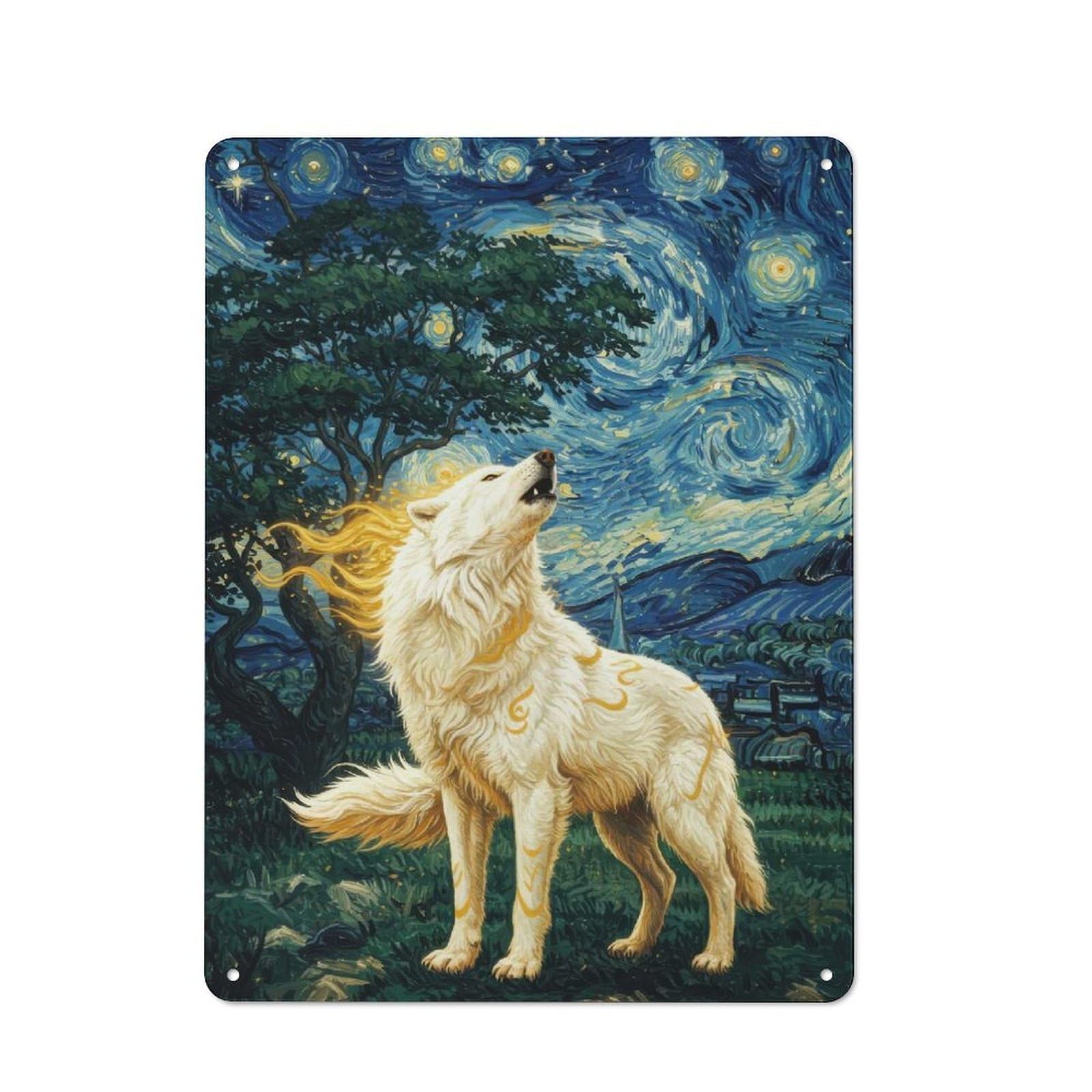 Junmoney Okami Howling At Starry Night Country Country Metal Sign 40X30cm, Farmhouse Wall Decor For Farmhouse Kitchen, Pantry Or Dining Area