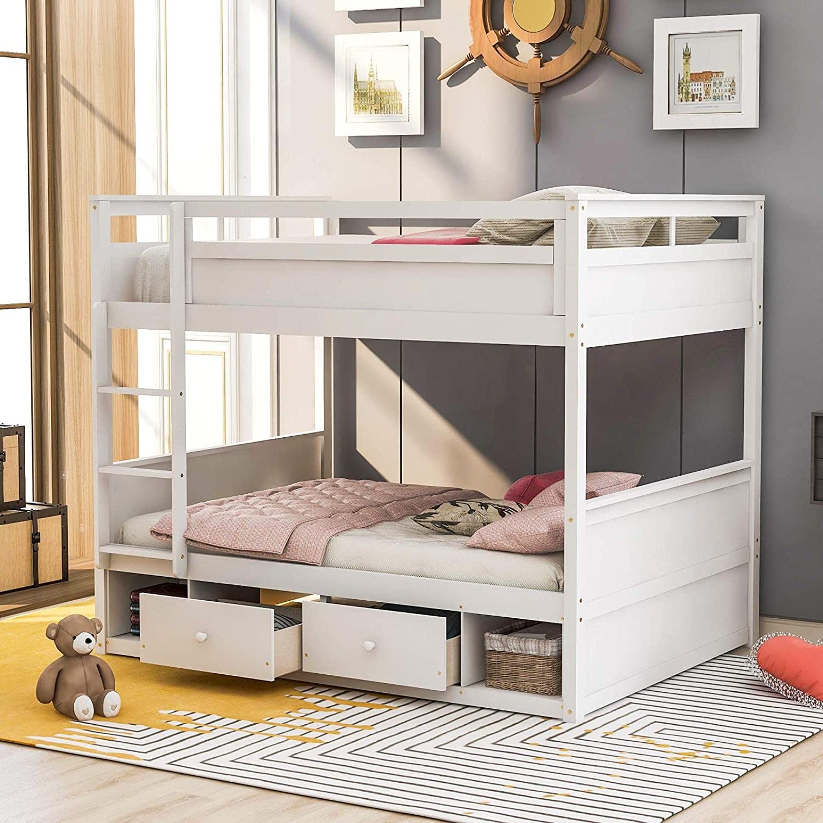 Buy Newest Twin Over Twin Bunk Bed, Wood Bunk Bed with Safe Guardrail