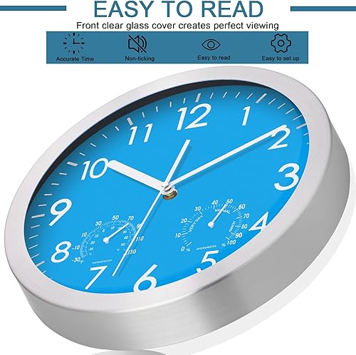 Miniatura 9 de Reloj de pared de 12 pulgadas con temperatura y humedad funciona con pilas sin tictac con marco de aluminio silencioso para oficina hogar baño