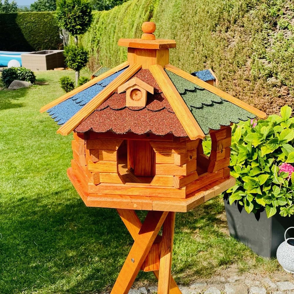 Comedero para pájaros hecho a mano, tamaño XL, hexagonal, de madera, multicolor, marrón/azul