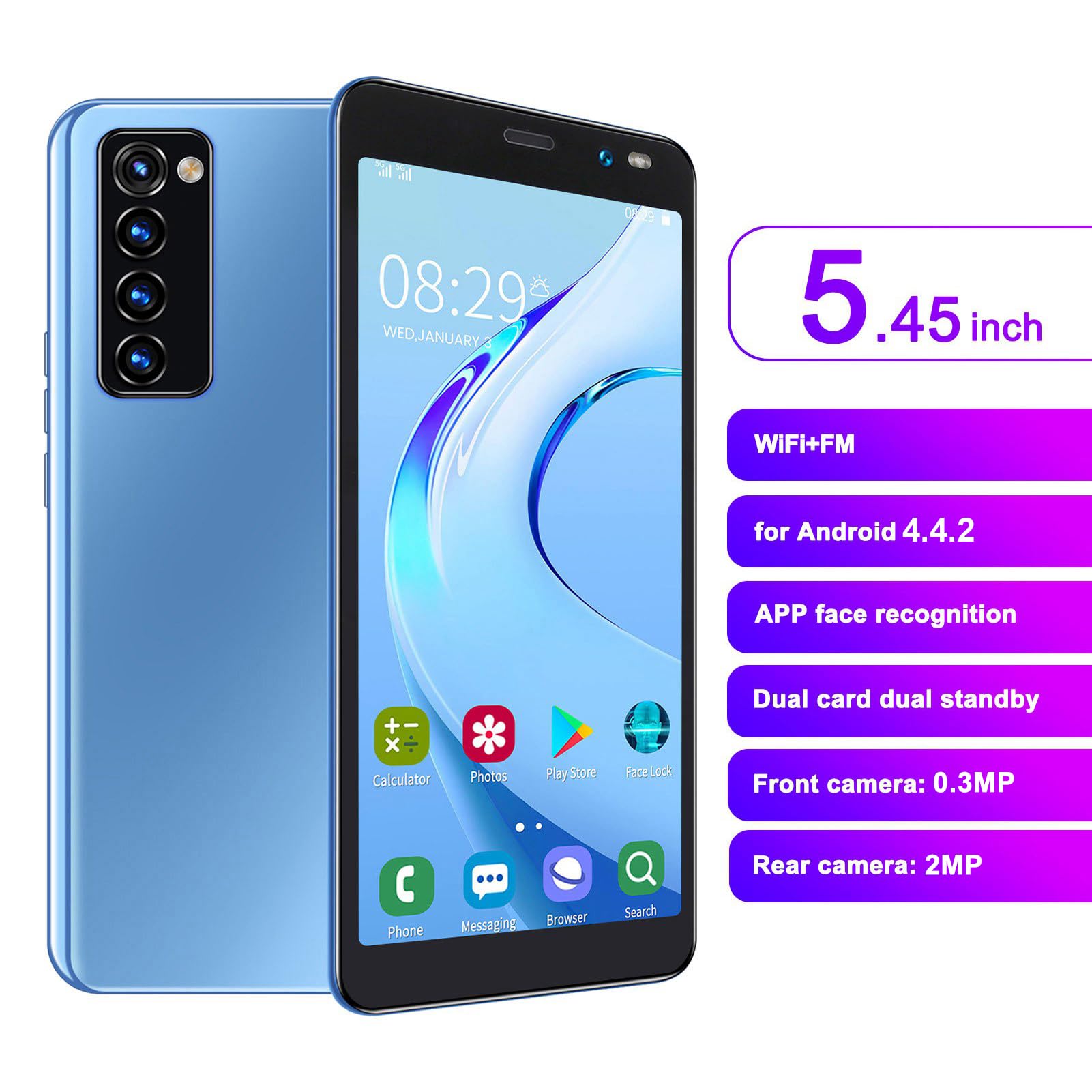 Smartfon Rino4 Pro, 5,45 Cala Z Odblokowaniem Twarzą, Podwójne Karty, Podwójny Tryb Gotowości MTK6572, Dwurdzeniowy Procesor, Rozdzielczość 460 X 960, Smartfon 512 MB I 4 GB(Niebieski)
