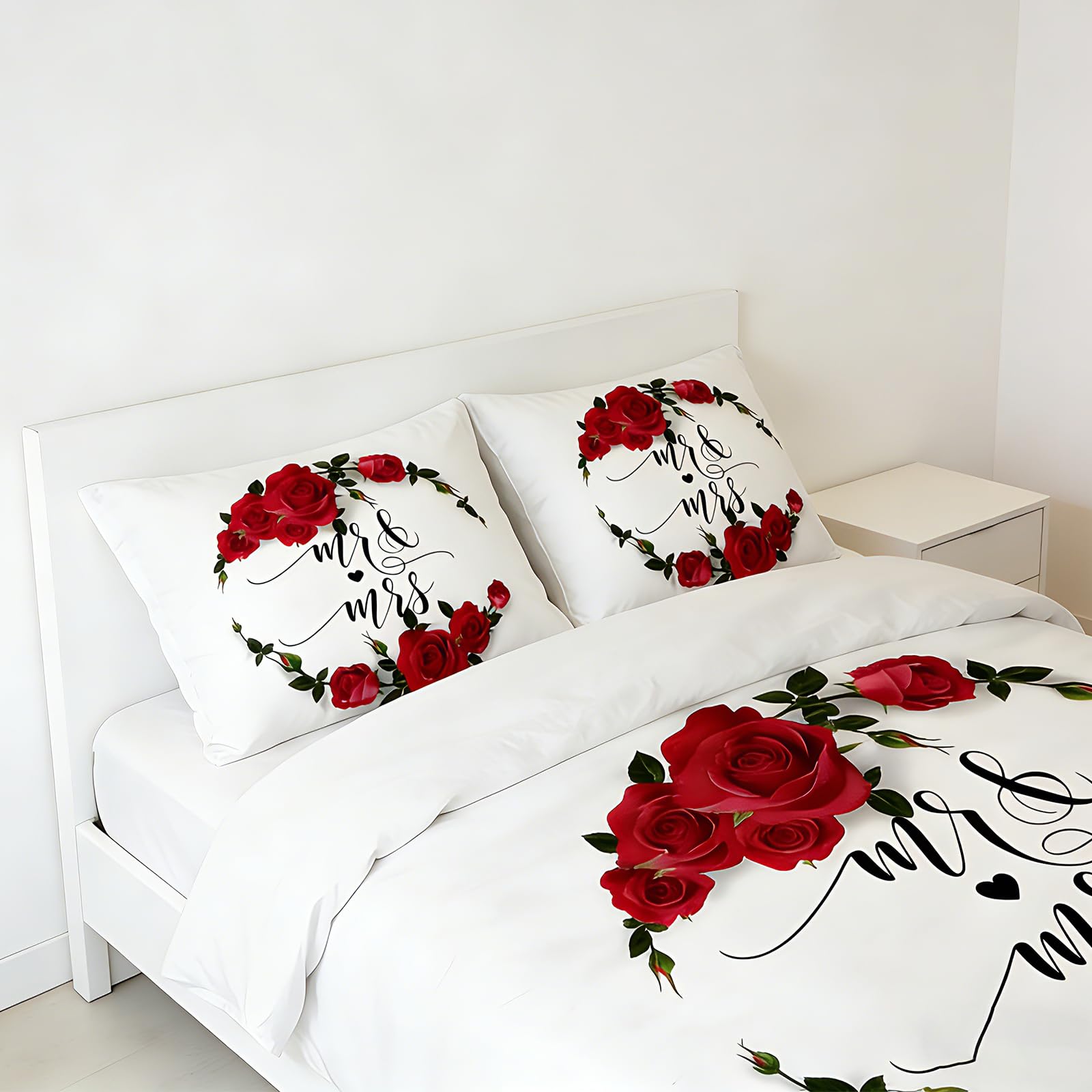 Rouge Motif Fleurs Housse de Couette Set, Créatif Linge de Lit 3 Pcs, Coeur Pétale de Rose, Hommes Femmes 3D Amour Literie (B, 220 x 240 cm)