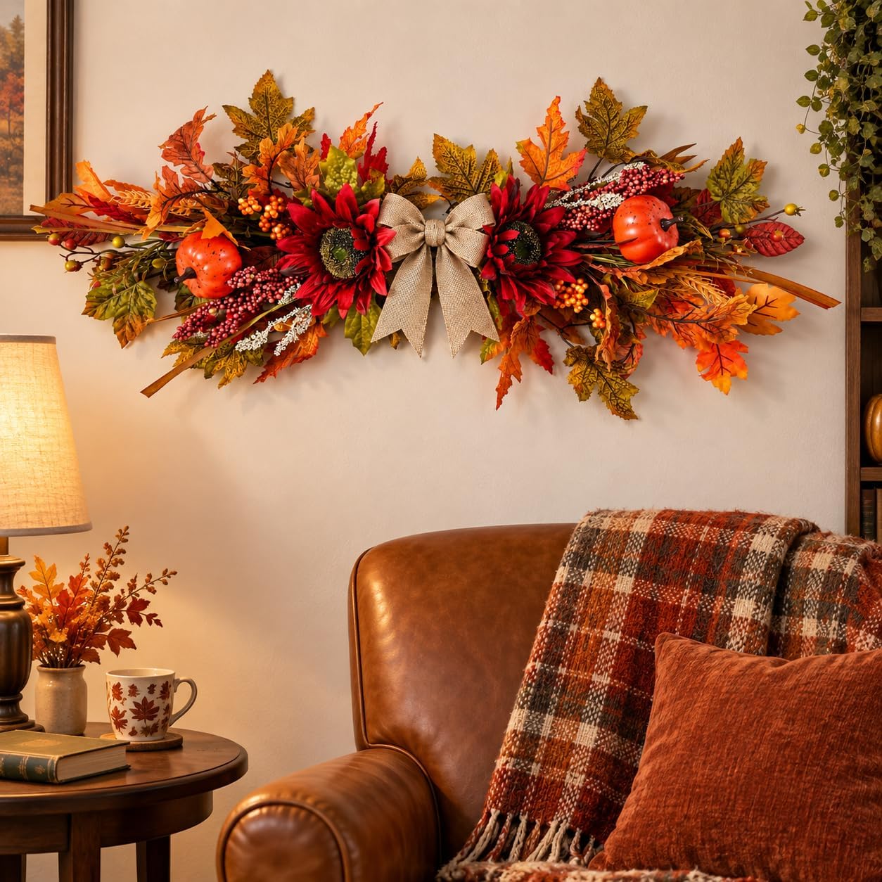 24Inch Artificial Fall Floral Swags Wreaths for Front Door Autumn Sunflower Flowers Pumpkin Berries Maple Leaf Mailbox Swag Thanksgiving Teardrop Swags for Farmhouse Fireplace Window Wall Decor