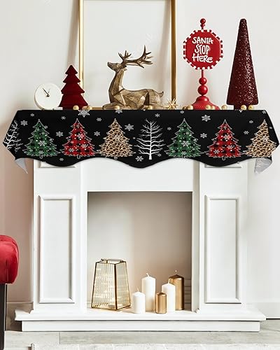 Miniatura 5 de Bufanda de manto de 90 x 17 pulgadas, diseño de rejilla de búfalo negro de Navidad, árbol de Navidad, chimenea, mantel, cubierta de mantel para