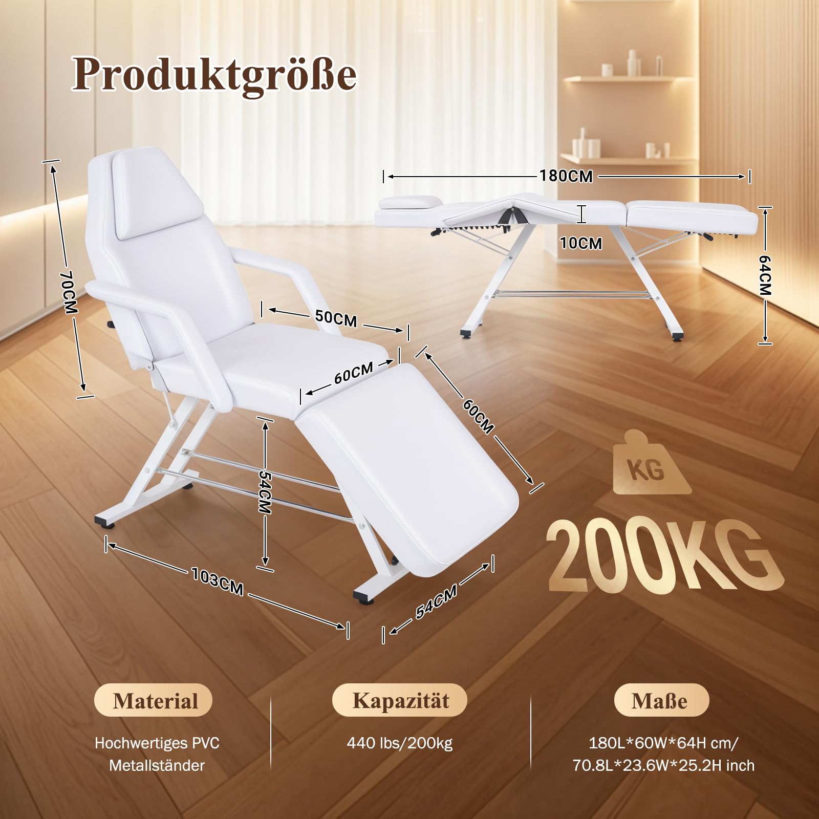 Kosmetikliege 3 Einstellbare Abschnitte Schönheitsbett, Ergonomische Massageliege mit Verstellbare Rückenlehne & Fußstütze, Robuste Tattooliege bis 150 kg Ideal für Kosmet, Spa & Therapien (Weiß)
